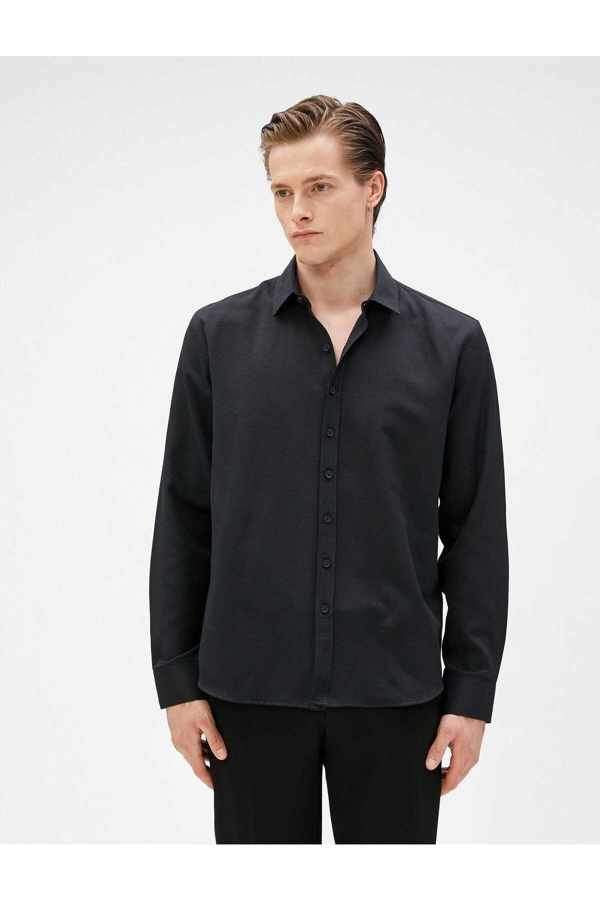پیراهن پایه کلاسیک یقه آستین بلند دکمه دار غیر آهنی