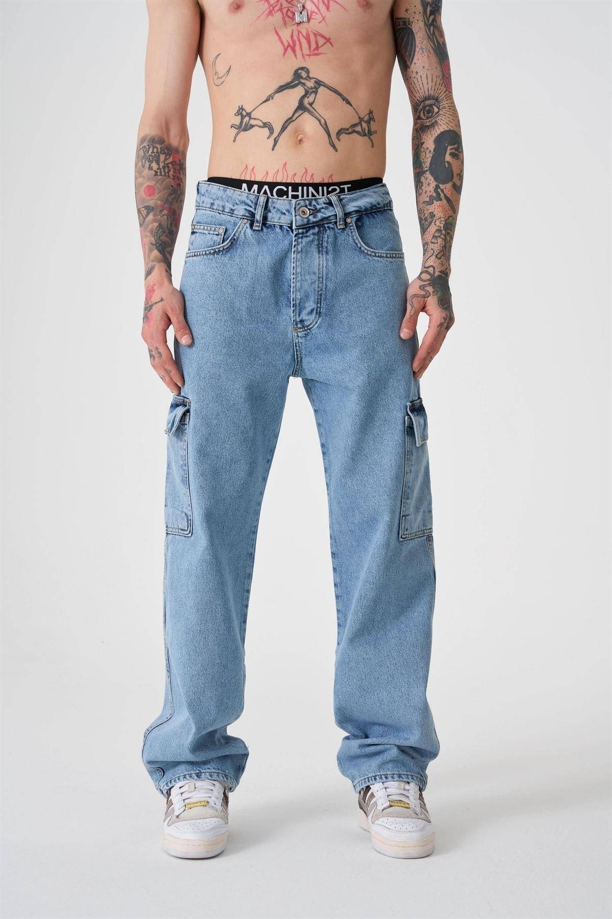 شلوار جین گشاد با جیبی باری آبی دریایی