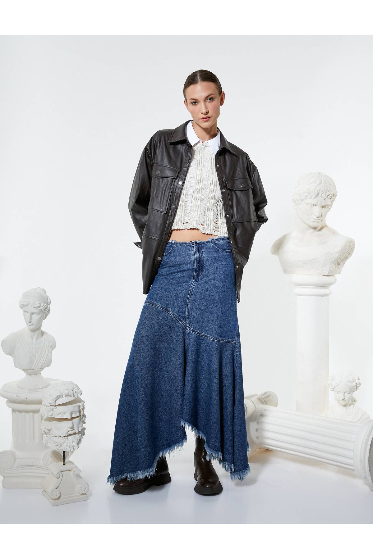 یقه پیراهن جیبی ژاکت چرم مصنوعی با دکمههای محکم