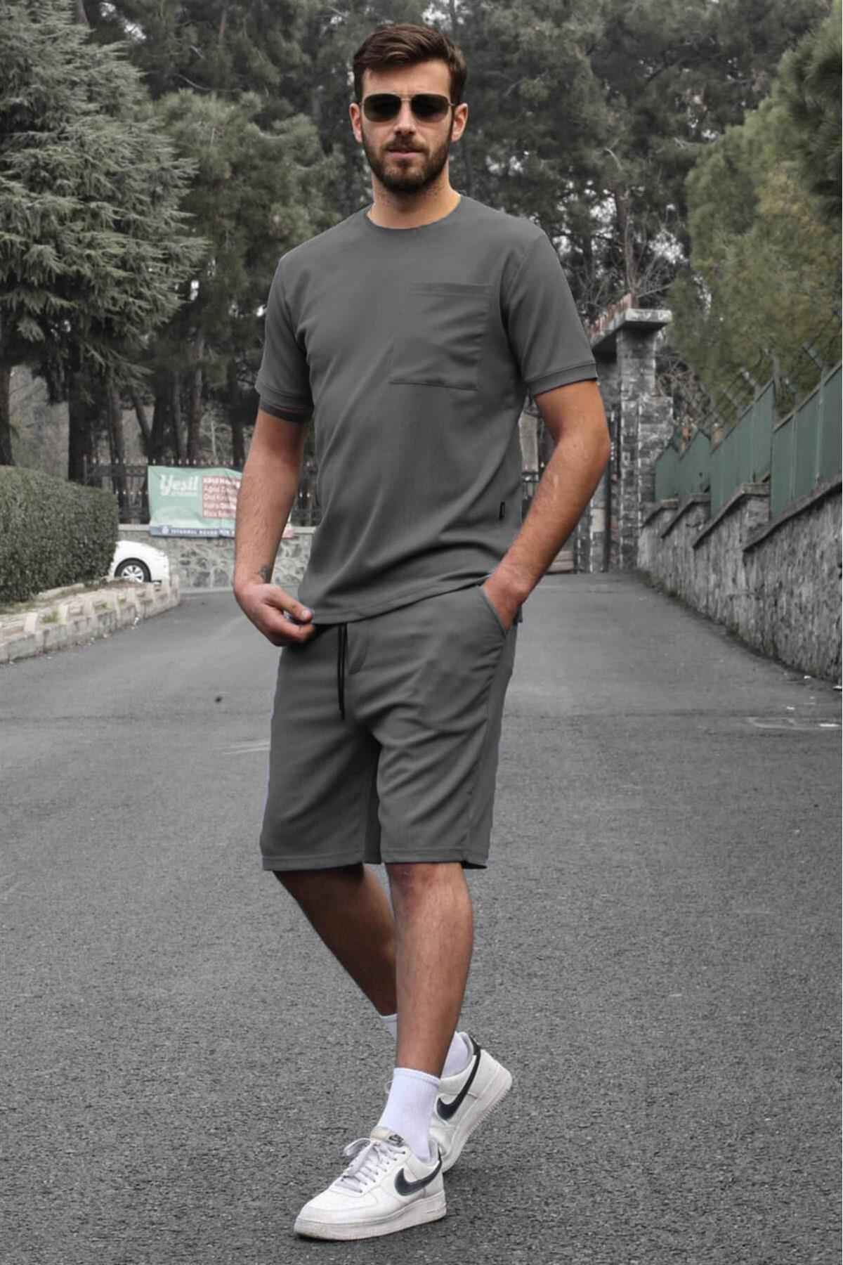 ست شلوارک مردانه بیسیک سبز نعنایی با جزئیات جیبی