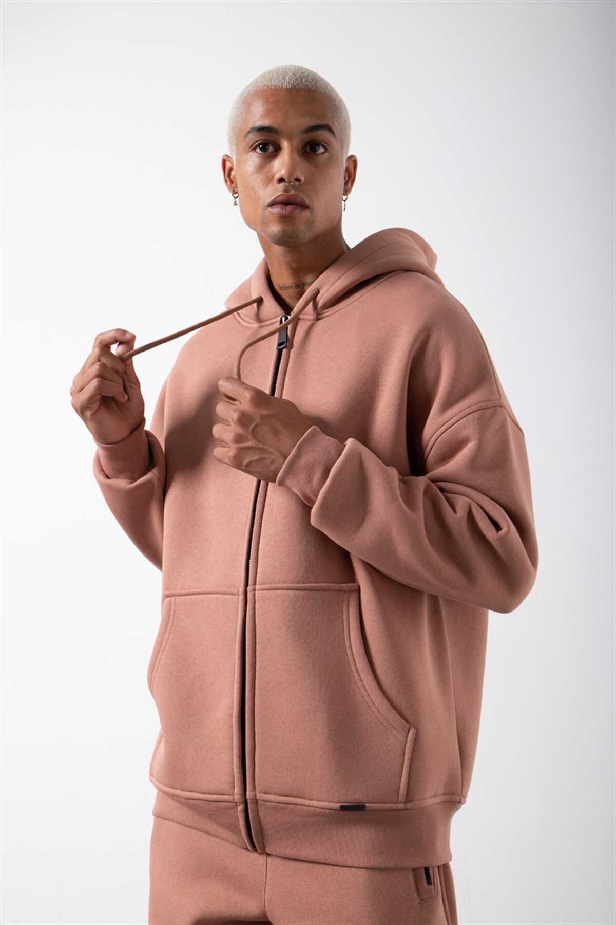 سویشرت ساده زیپ دار جیب دار یاسی یخی