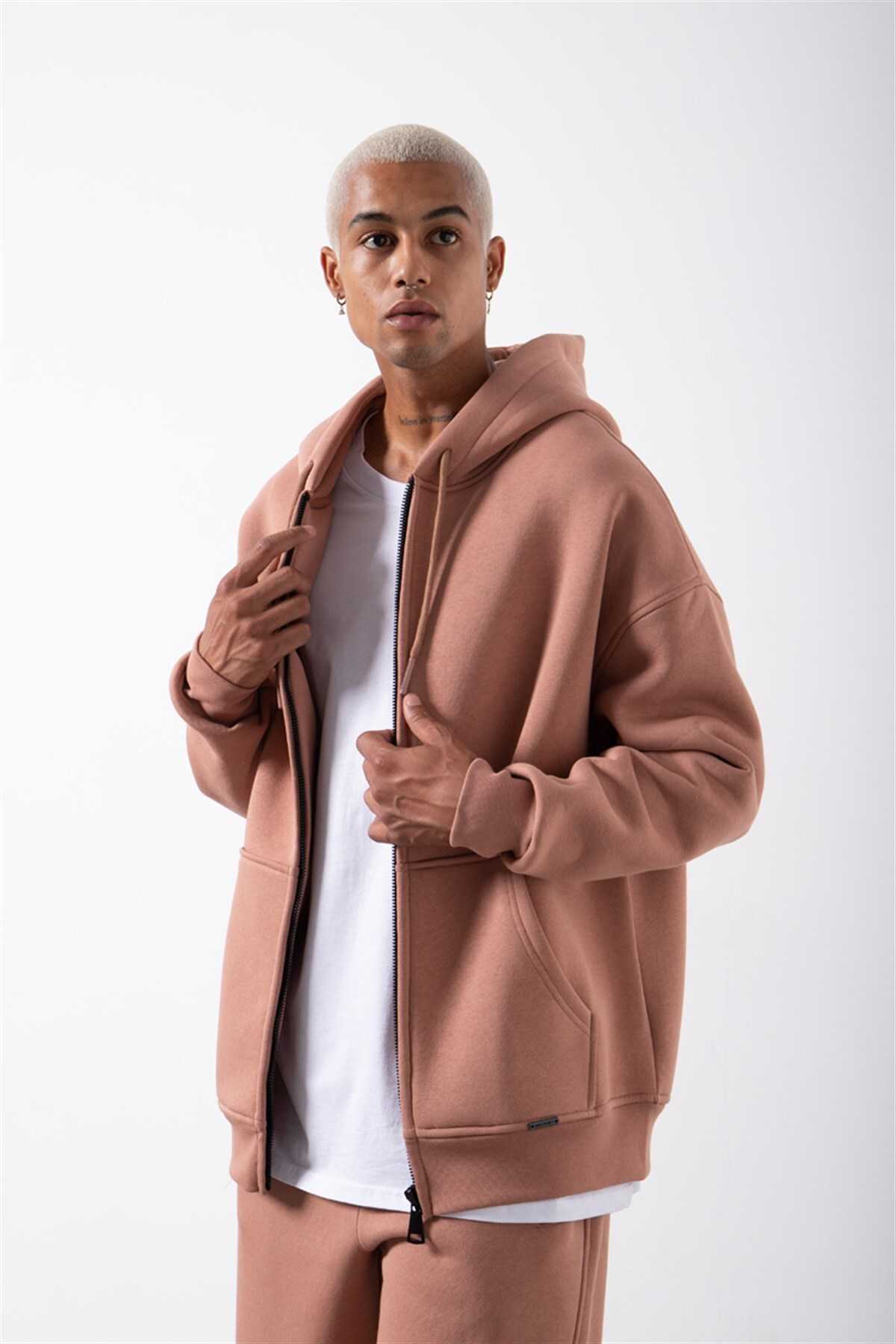 سویشرت ساده زیپ دار جیب دار یاسی یخی