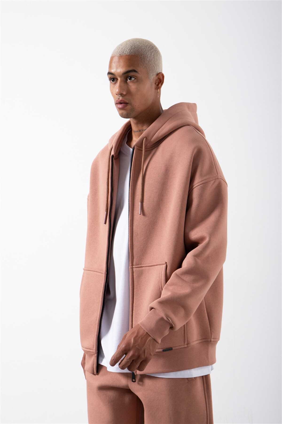 سویشرت ساده زیپ دار جیب دار یاسی یخی