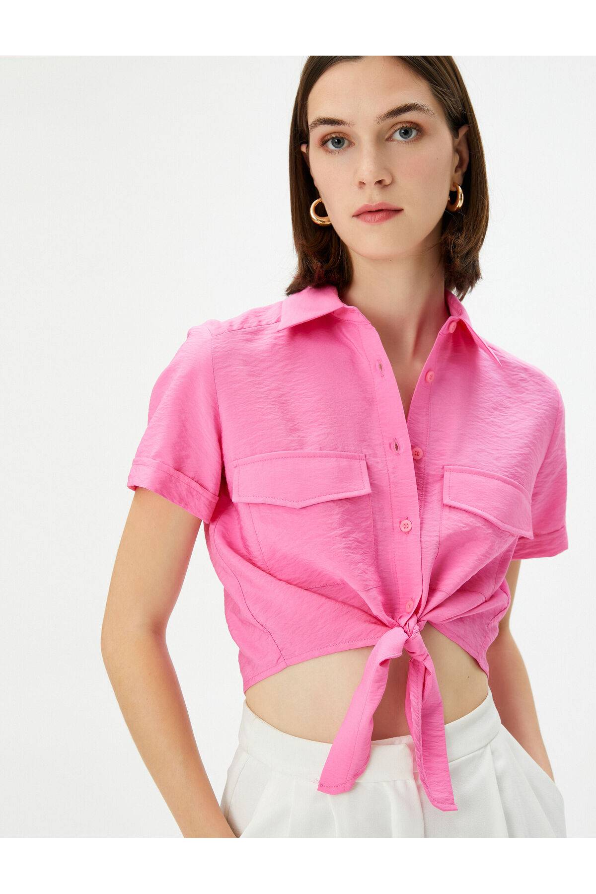 پیراهن کراوات جلو ویسکوز جیبی دکمه دار