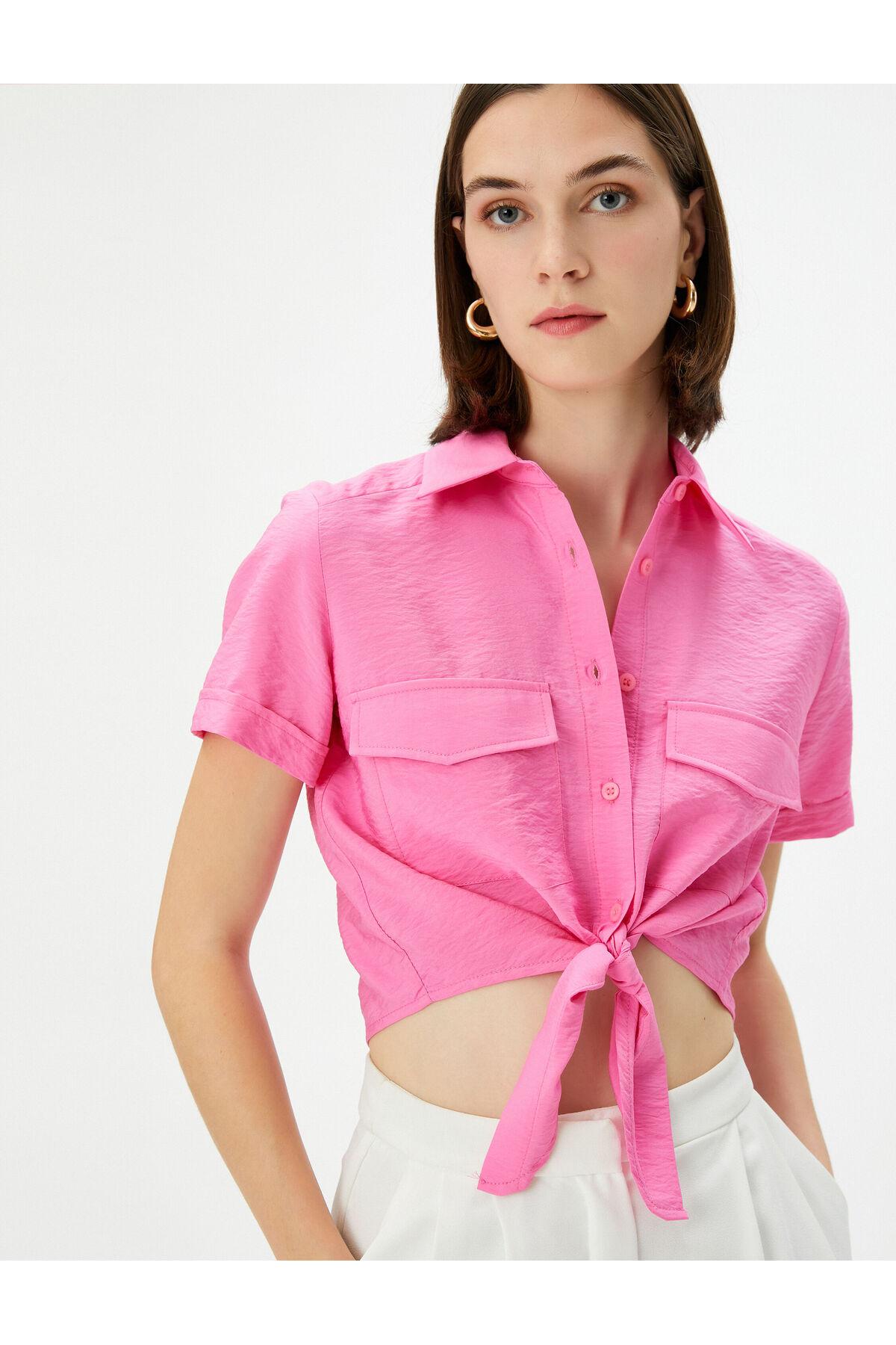 پیراهن کراوات جلو ویسکوز جیبی دکمه دار