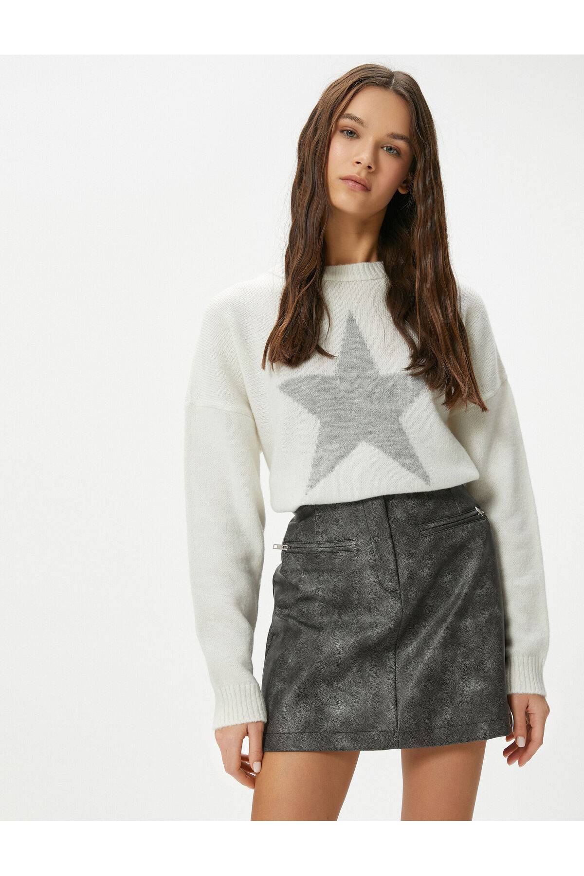 ژاکت بافتنی آستین بلند الگوی ستاره ای نرم