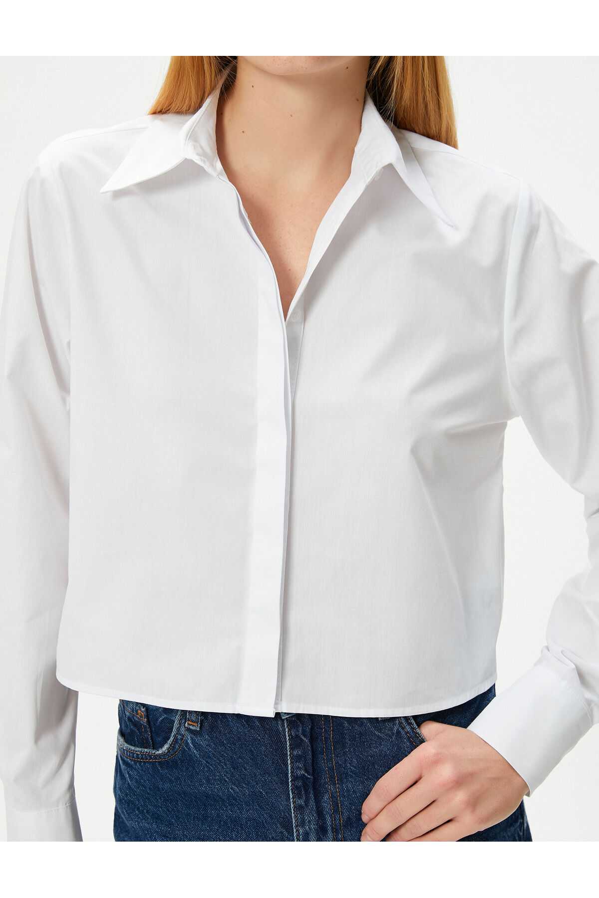 پیراهن کراپ آستین بلند یقه دکمه دار نخی