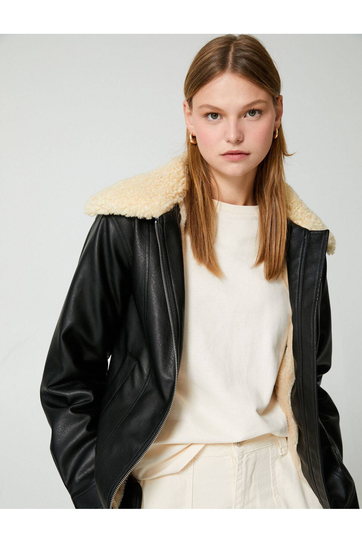 ژاکت چرمی با زیپ خز مصنوعی