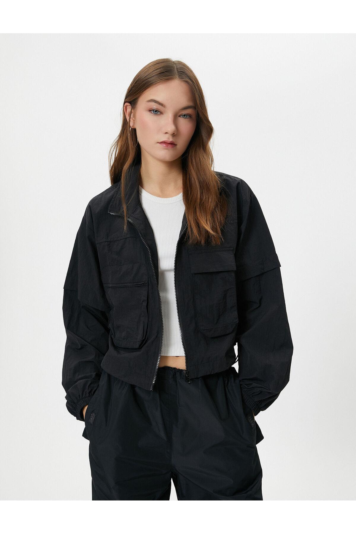 ژاکت چتر نجات زیپ دار یقه آستین بلند با جیب های بالدار