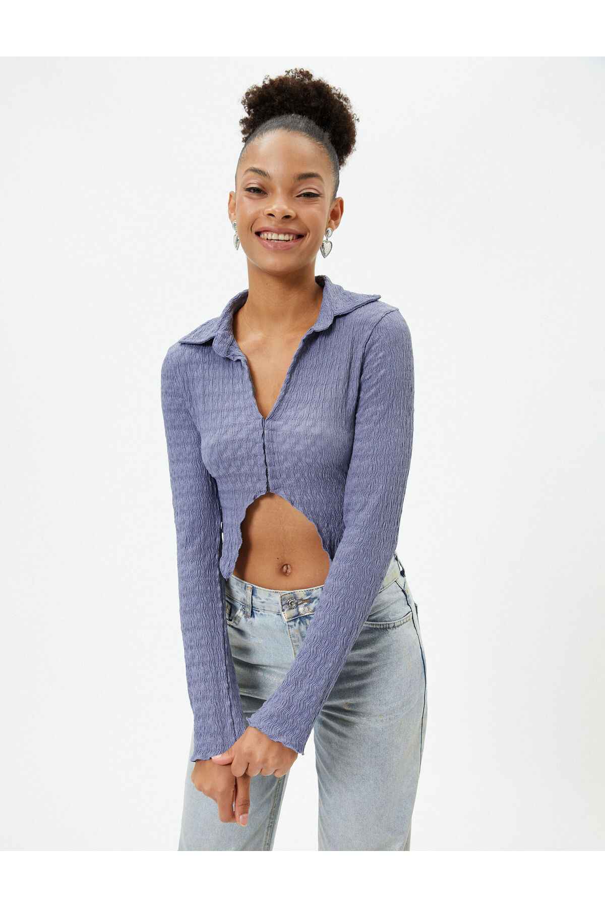 بلوز برش نامتقارن بافت باریک یقه پیراهن آستین بلند