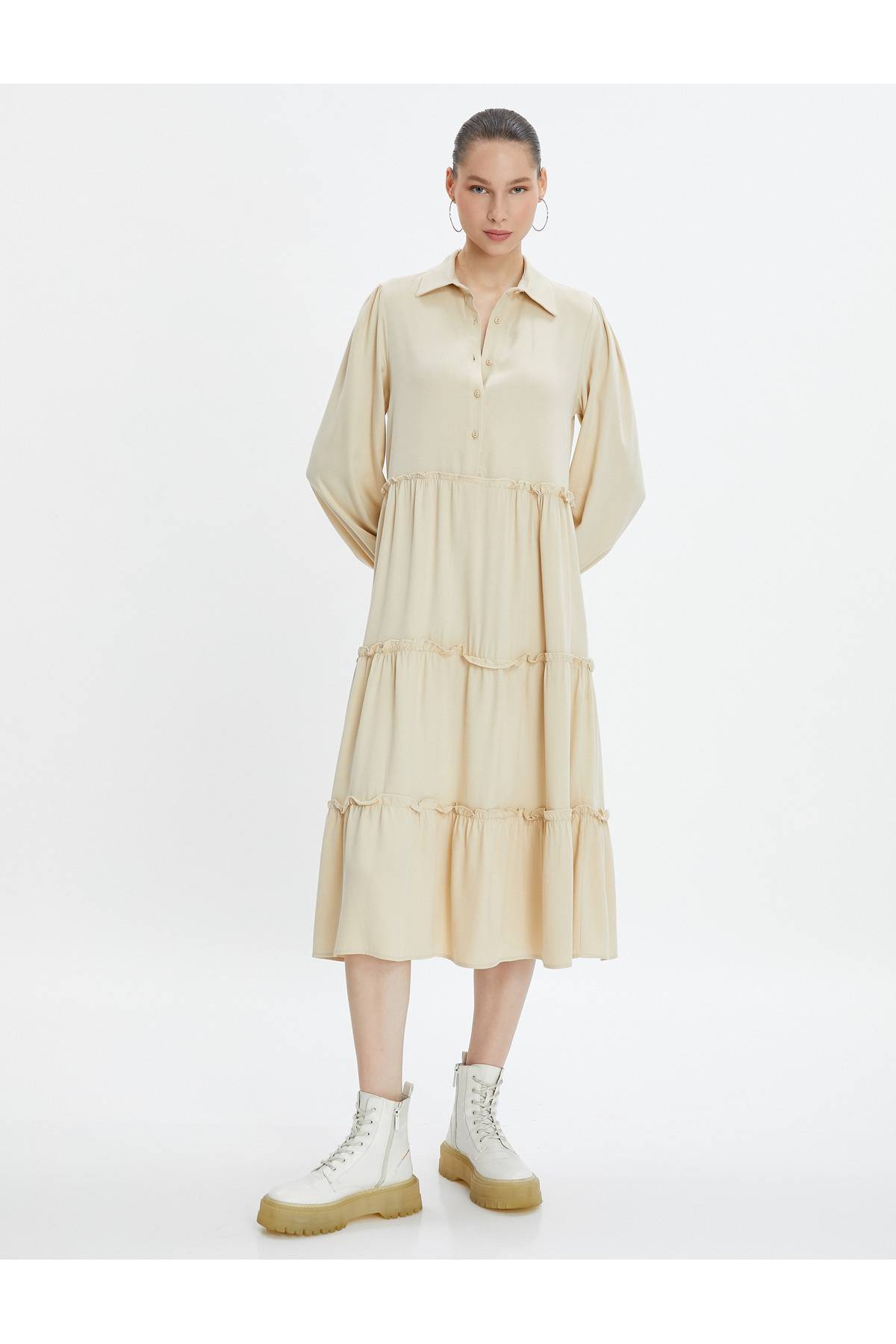 لباس ماکسی پیراهن آستین بلند یقه دکمه پارچه ویسکوز