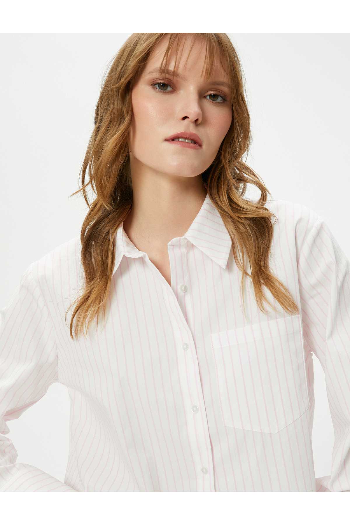 پیراهن کوتاه جیب آستین بلند یقه کلاسیک دکمه دار