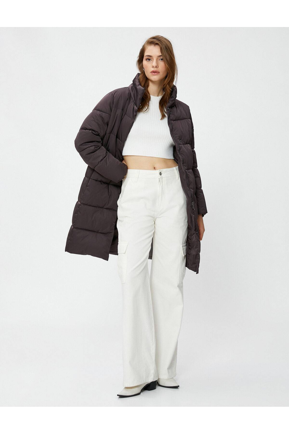 جیب های یقه بلند ژاکت پفی زیپ دار