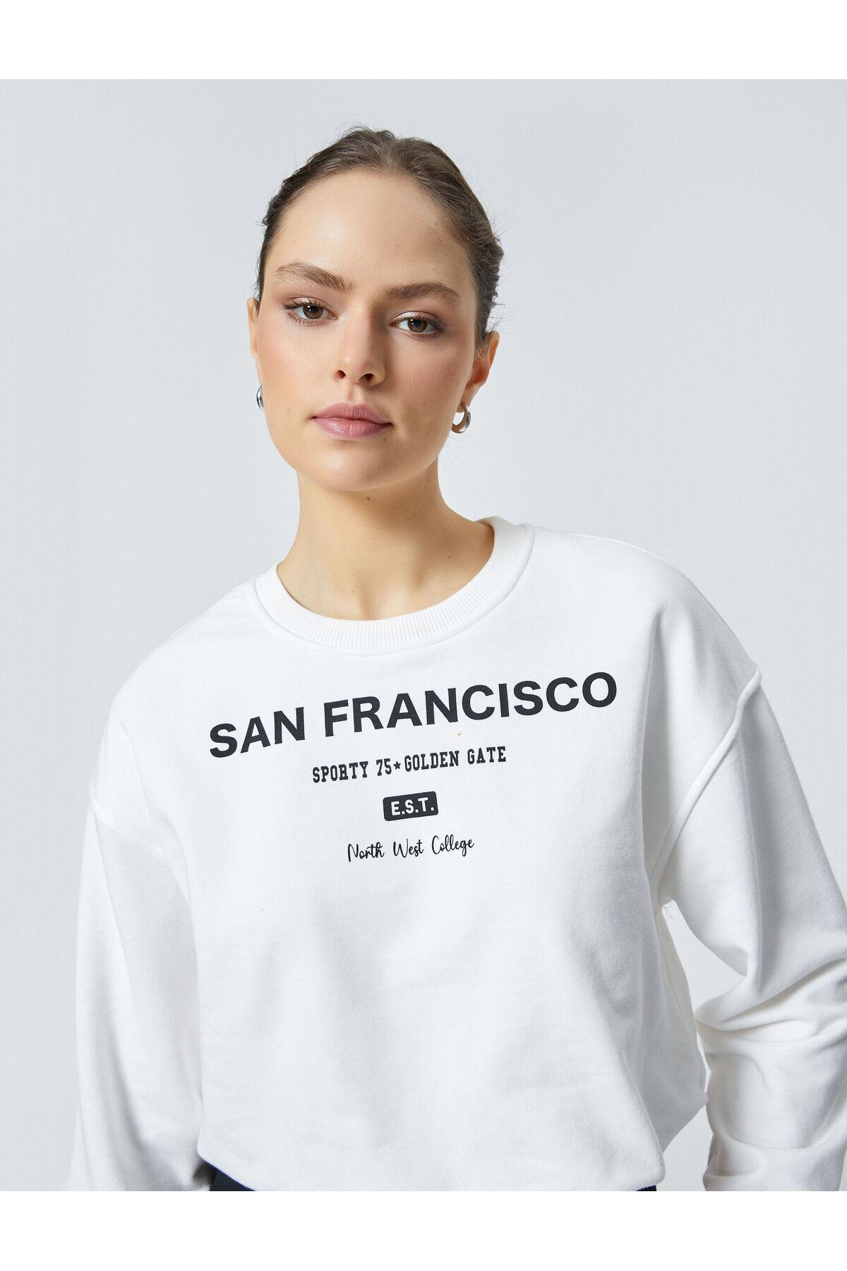 سویشرت کراپ یقه نخی چاپ شده