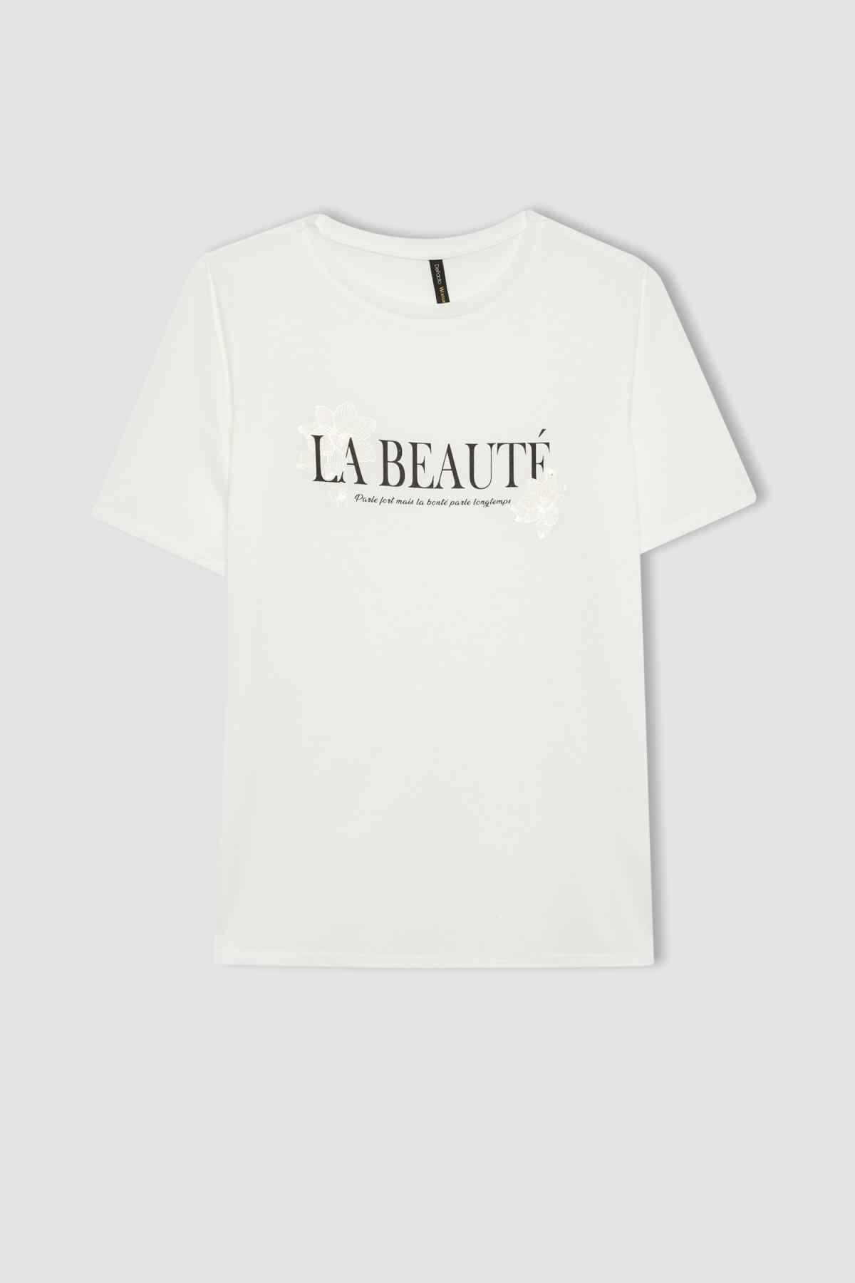 تیشرت آستین کوتاه یقه پرینت شده با تناسب معمولی