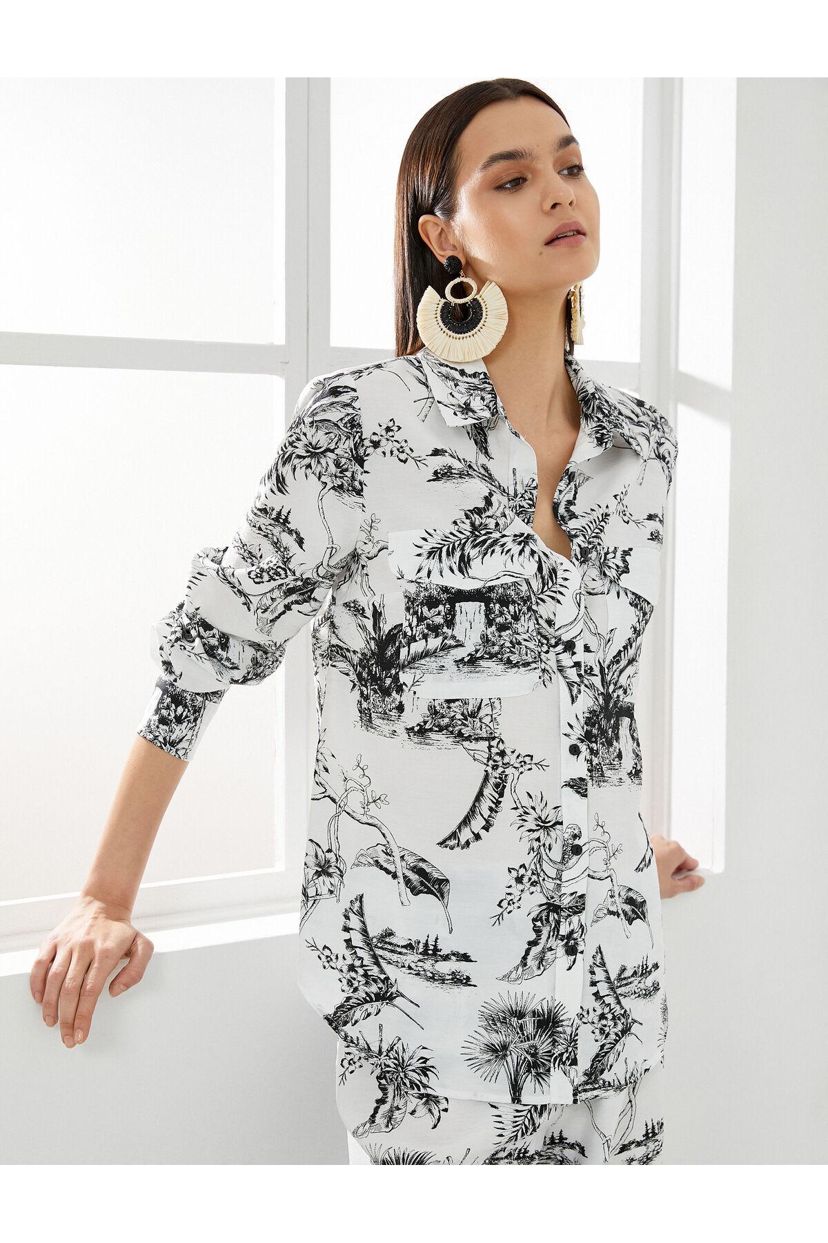 پیراهن آستین بلند با دکمه های جیب دار ویسکوز