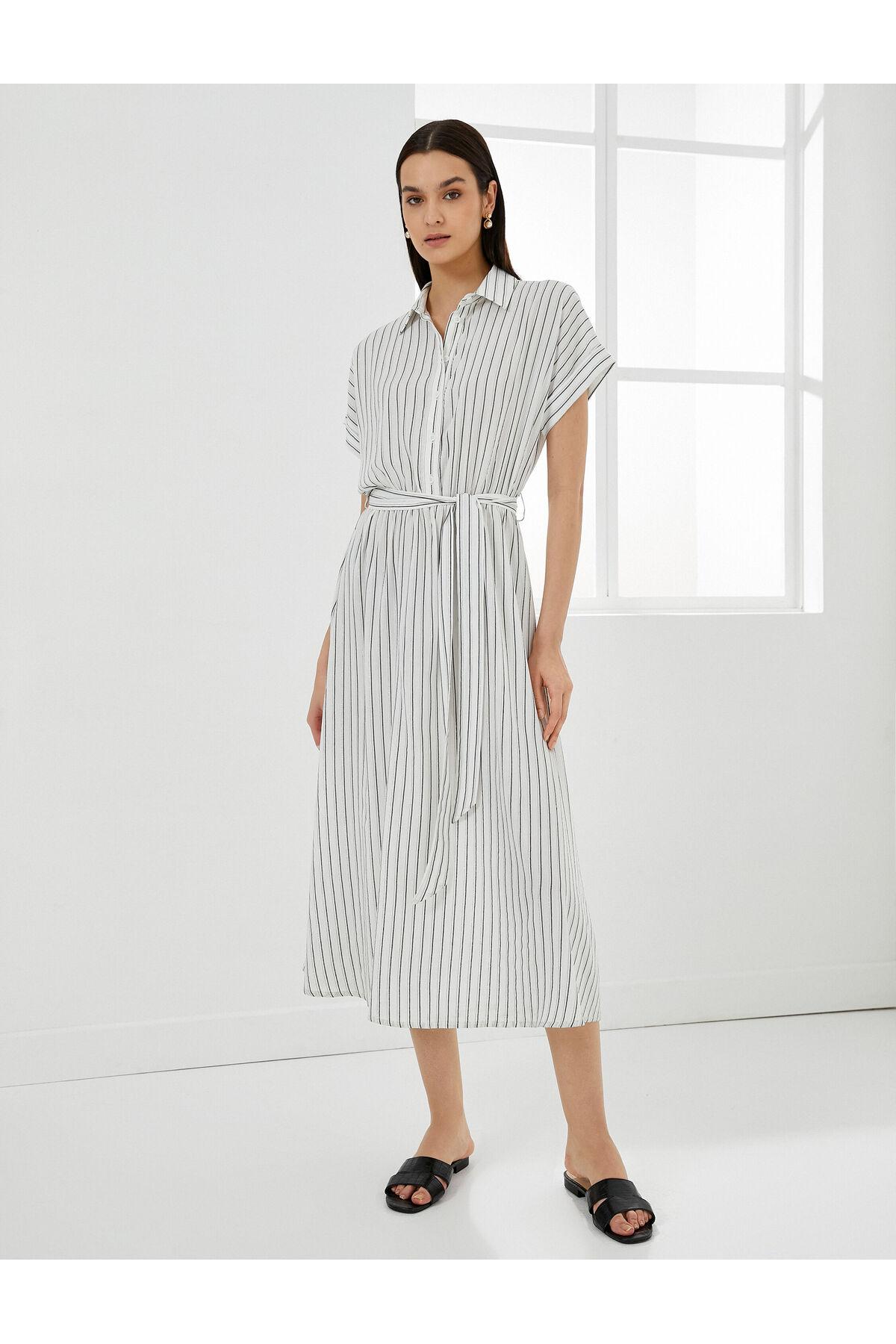 پیراهن میدی آستین کوتاه کمربند ویسکوز