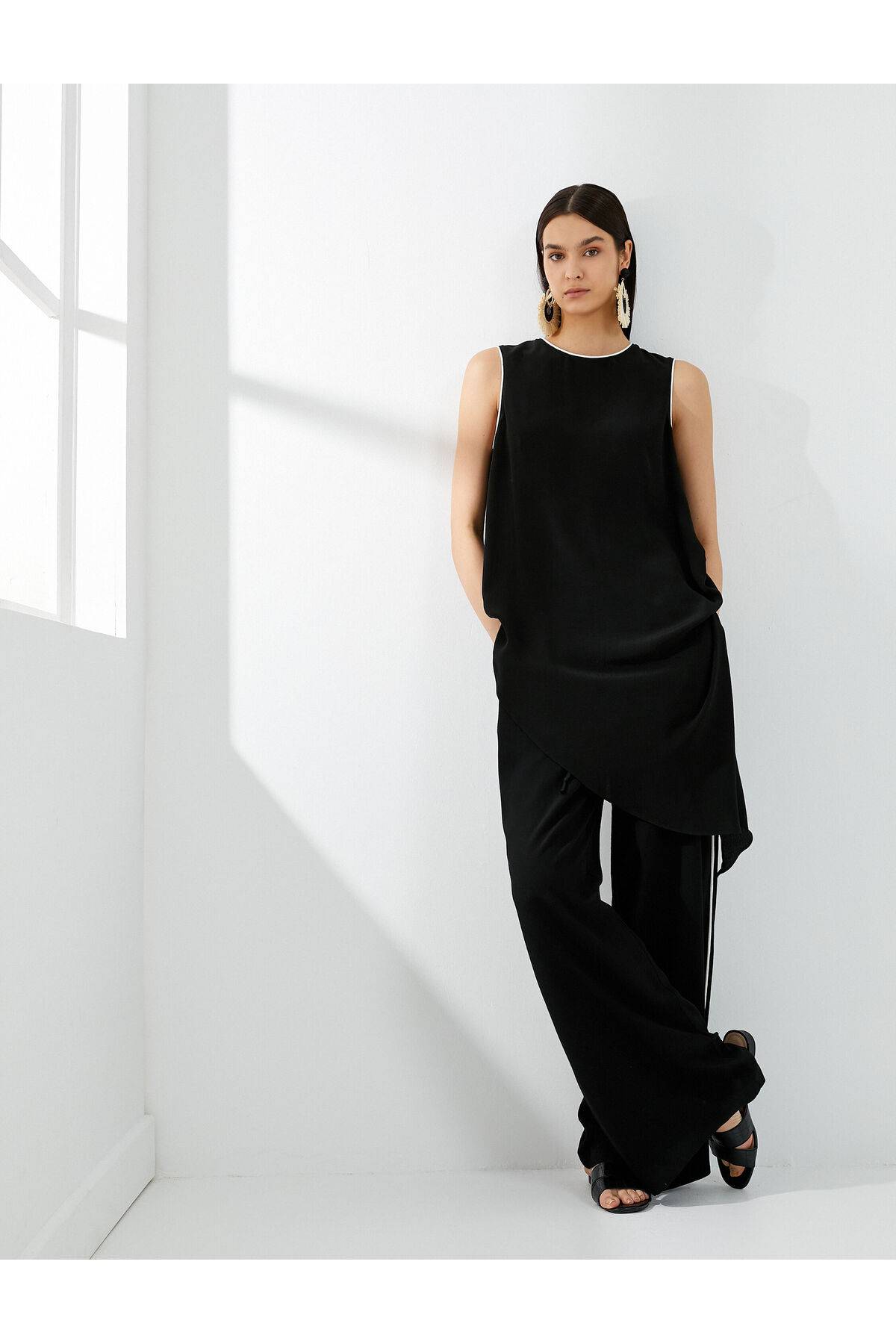 شلوار ساق پا گشاد با جیب با جزئیات راه راه ویسکوز کمر بلند