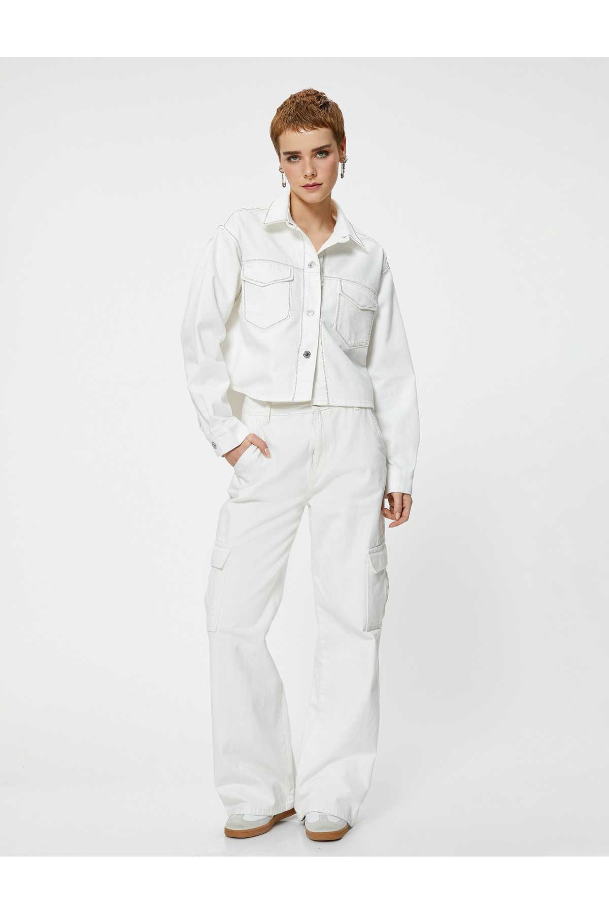 کت جین سنگ دار با یقه پیراهن پنبه ای جیب دار