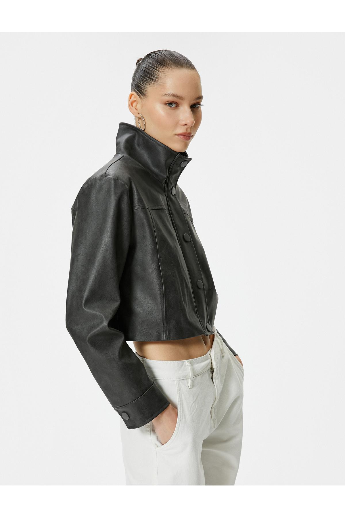 یقه پایه ژاکت چرم مصنوعی با دکمه