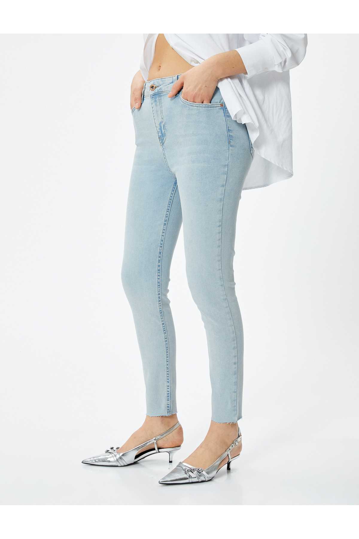 شلوار جین بلند کمر باریک با جیب های کشدار نخی - جین اسکینی کارمن