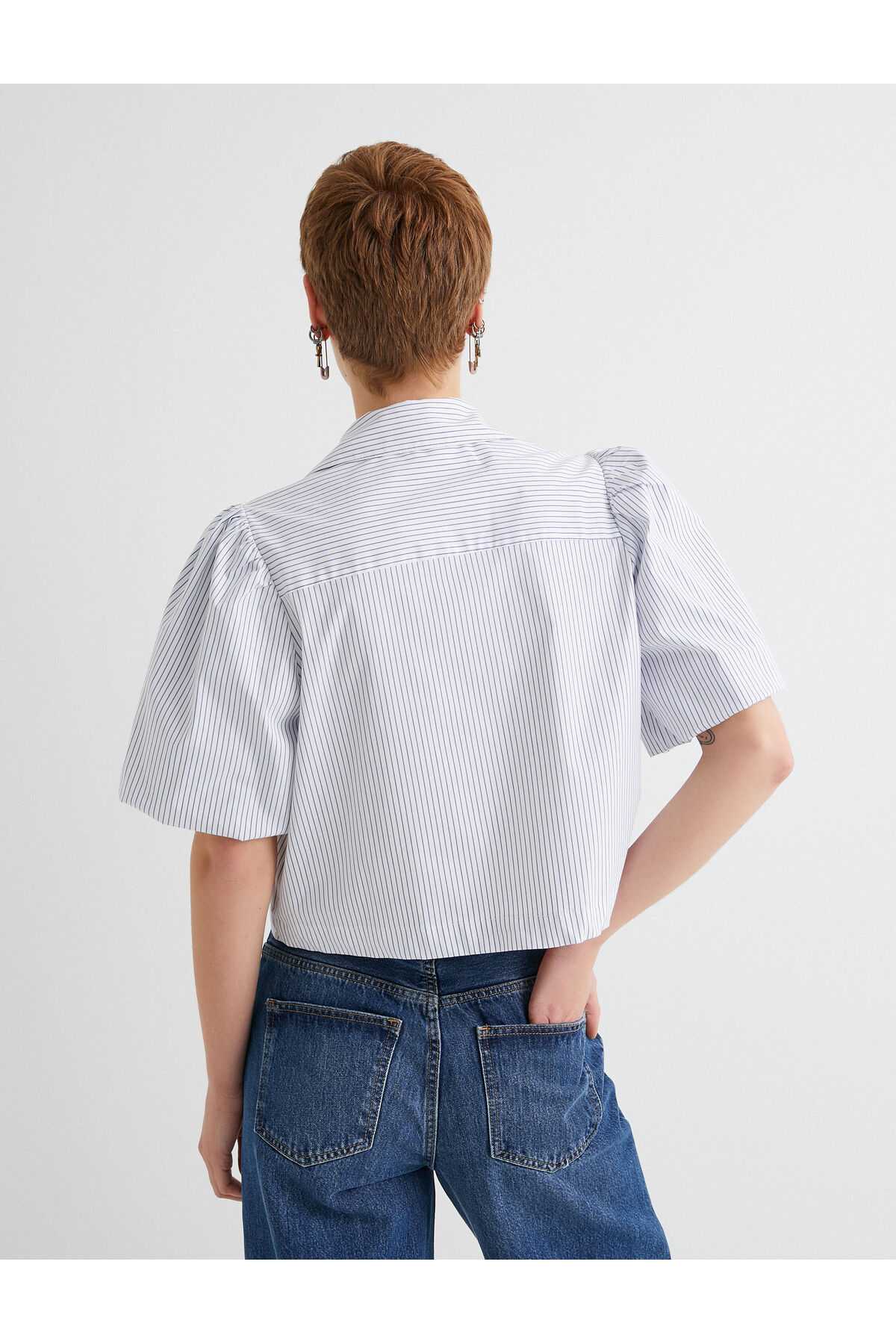 پیراهن کوتاه آستین بادکنکی تک جیبی نخی