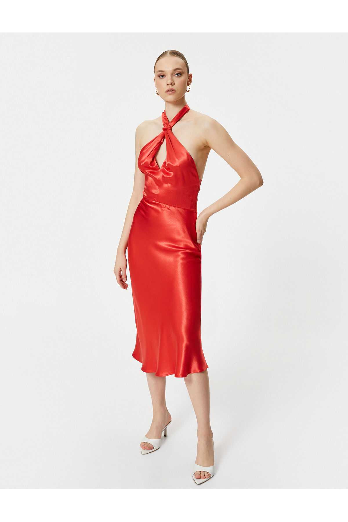 ساتن لباس ساتن یقه یقه پنجره جزییات قد میدی