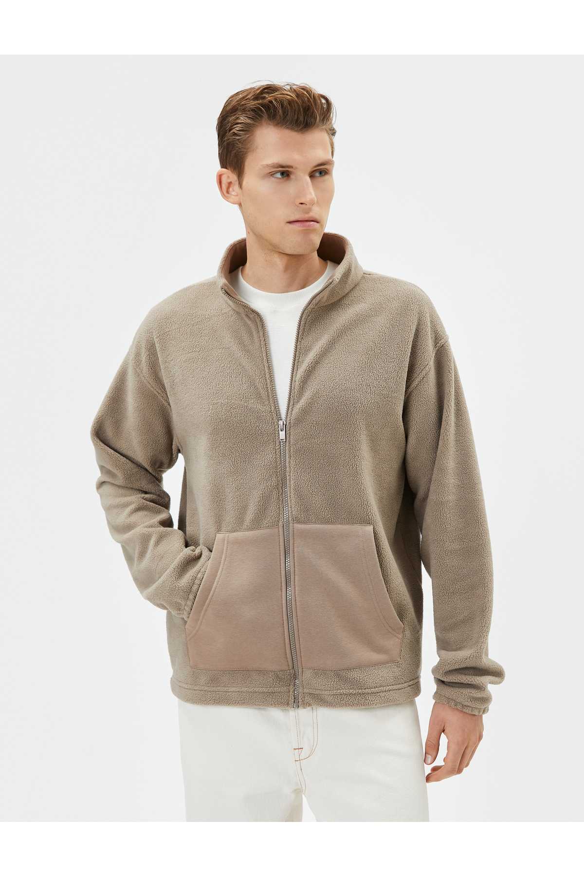 ژاکت مخمل دار یقه زیپ دار جیبی کانگورو