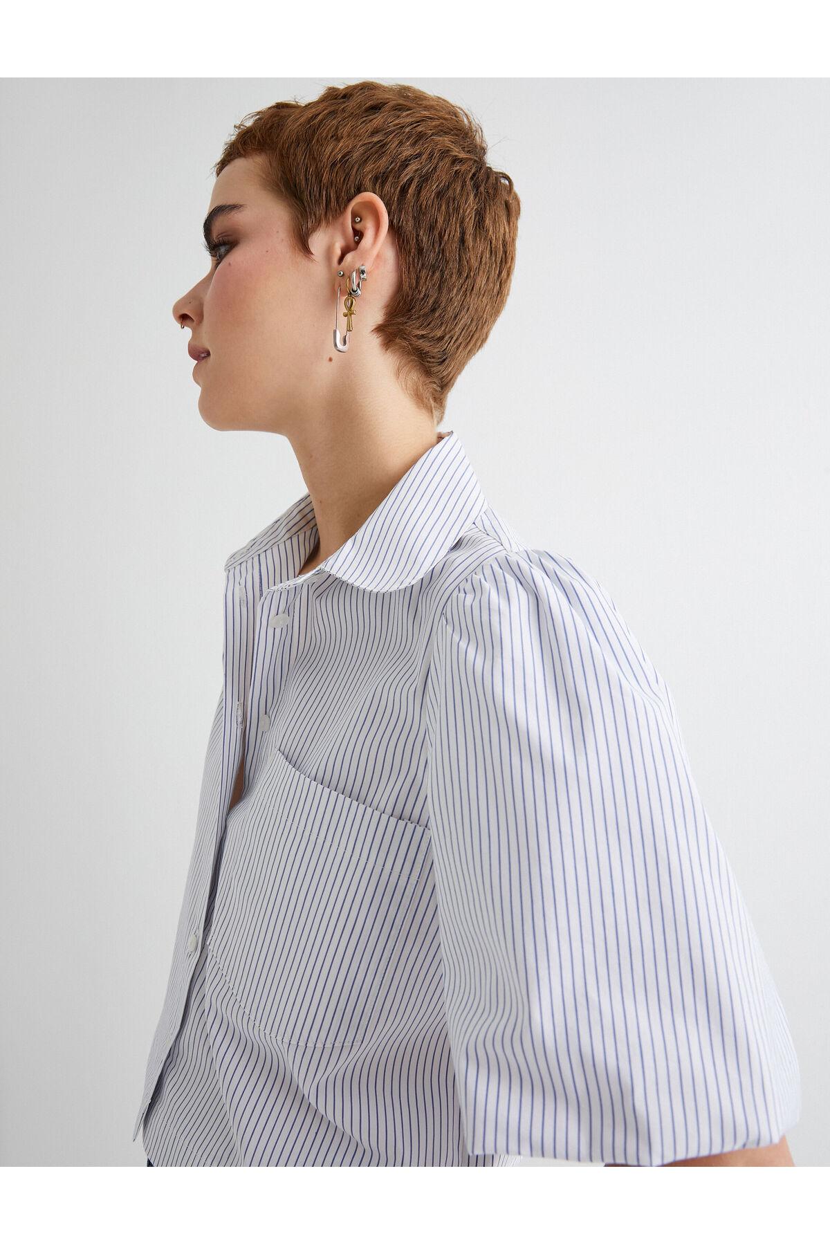 پیراهن کوتاه آستین بادکنکی تک جیبی نخی