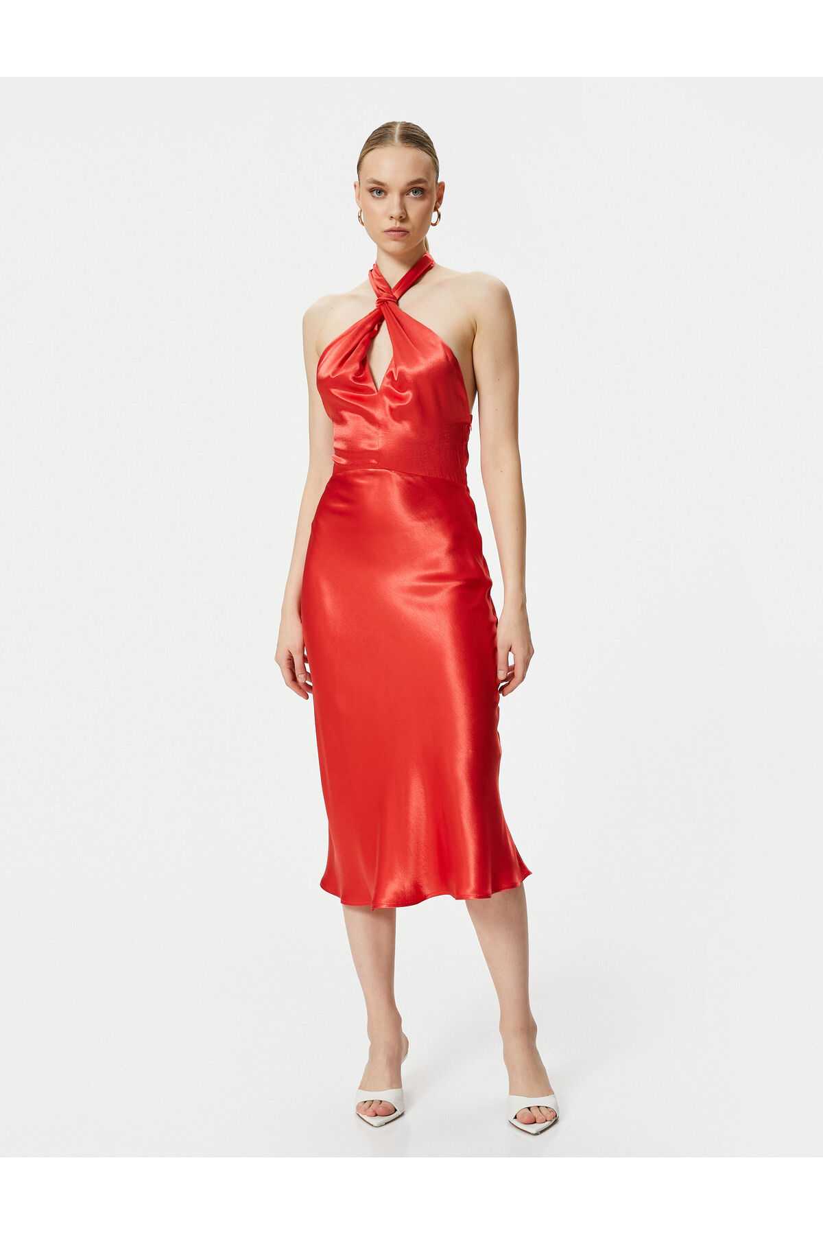 ساتن لباس ساتن یقه یقه پنجره جزییات قد میدی