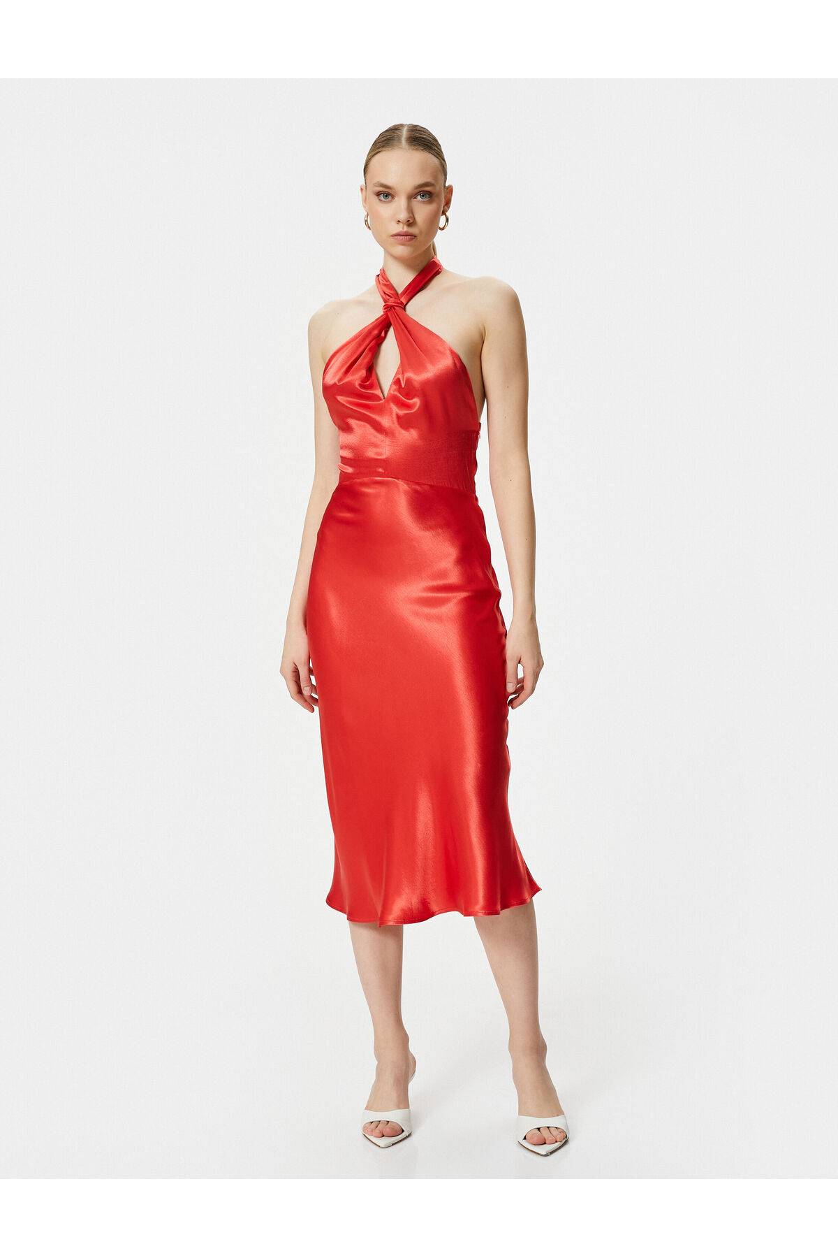 ساتن لباس ساتن یقه یقه پنجره جزییات قد میدی