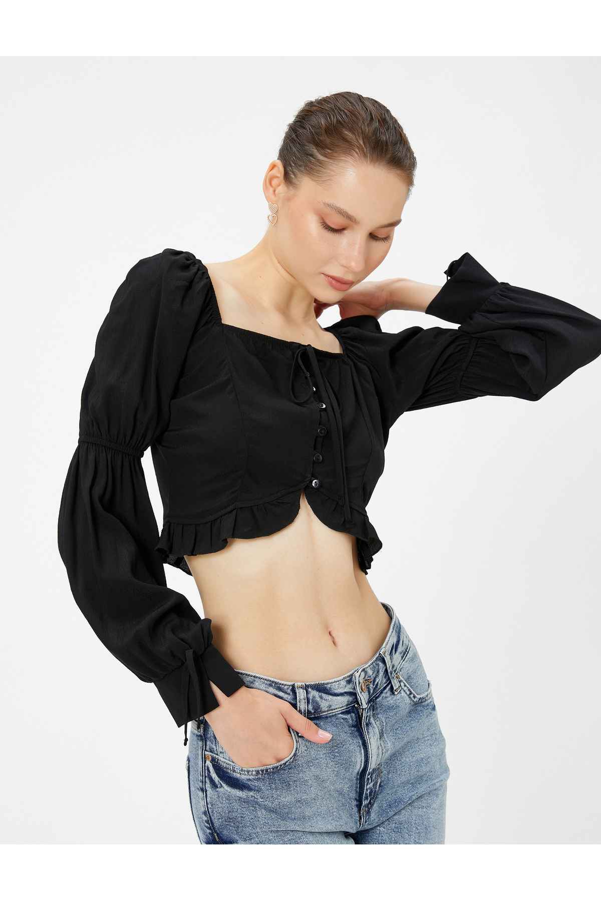 بلوز آستین بادکنکی کراپ کراوات یقه دار آستین بلند ویسکوز