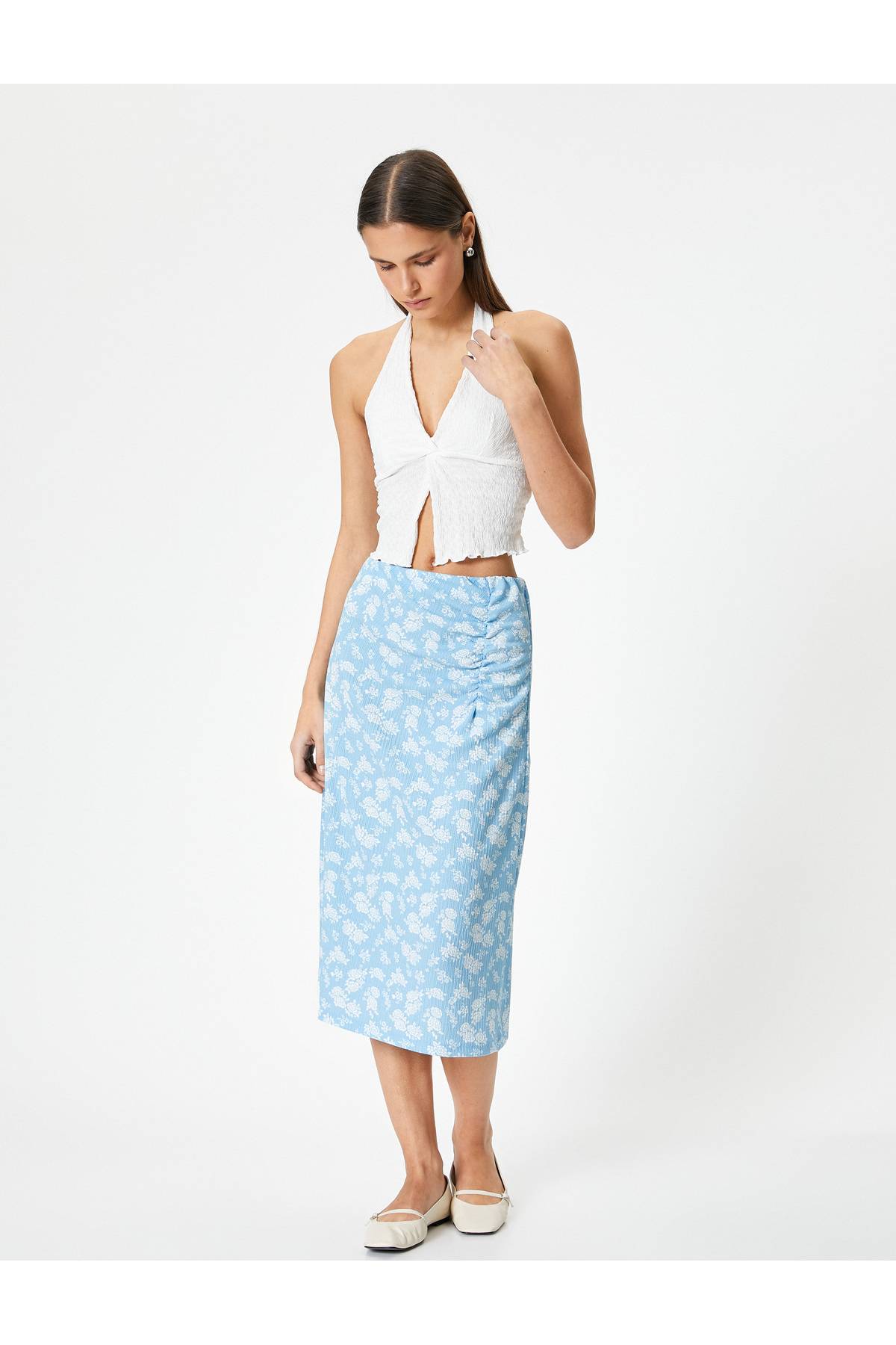 دامن مداد میدی گلدار دراپه با کمر بلند با بافت راحت و مناسب