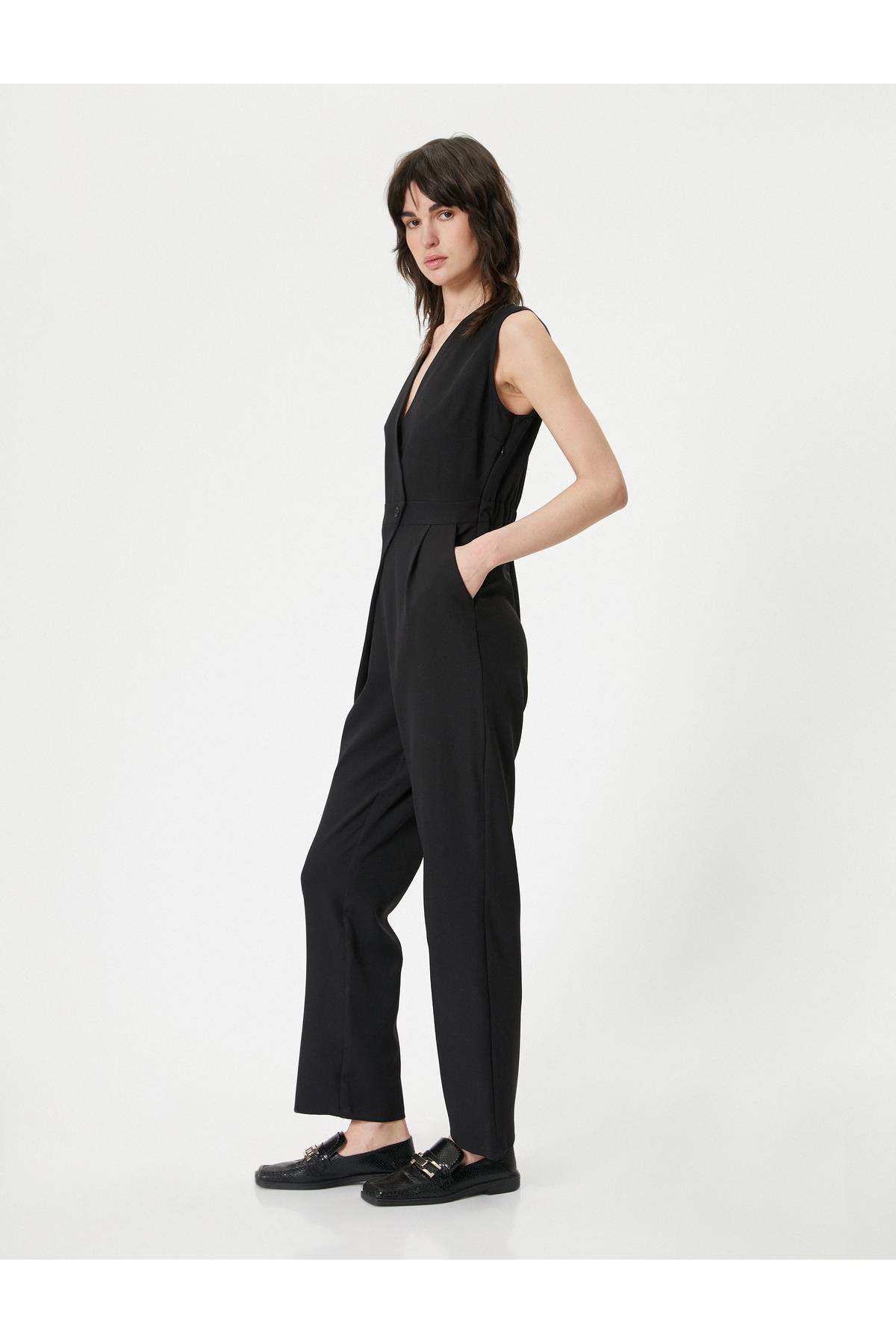 Jumpsuit دو سینه V-یقه بدون آستین جیب چین دار جزئیات