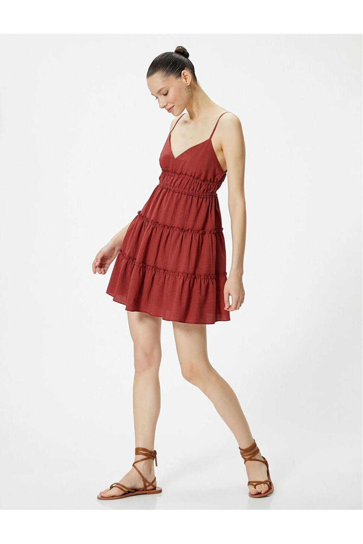 مینی لباس بند دار با یقه V ردیف شده