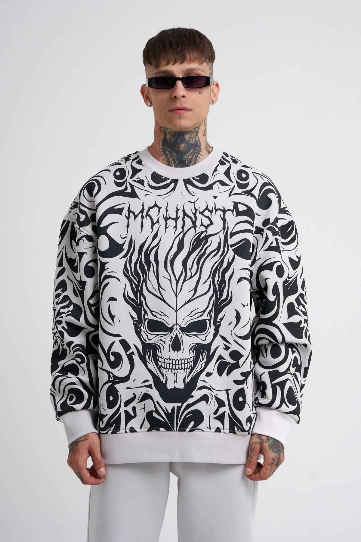 سویشرت مردانه با چاپ جمجمه خاکستری سایز بزرگ