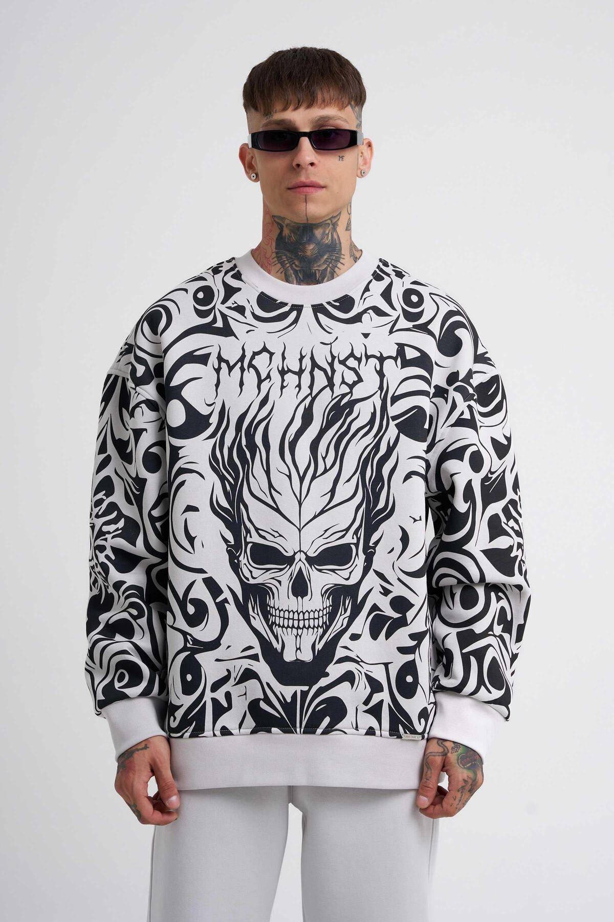 سویشرت مردانه با چاپ جمجمه خاکستری سایز بزرگ