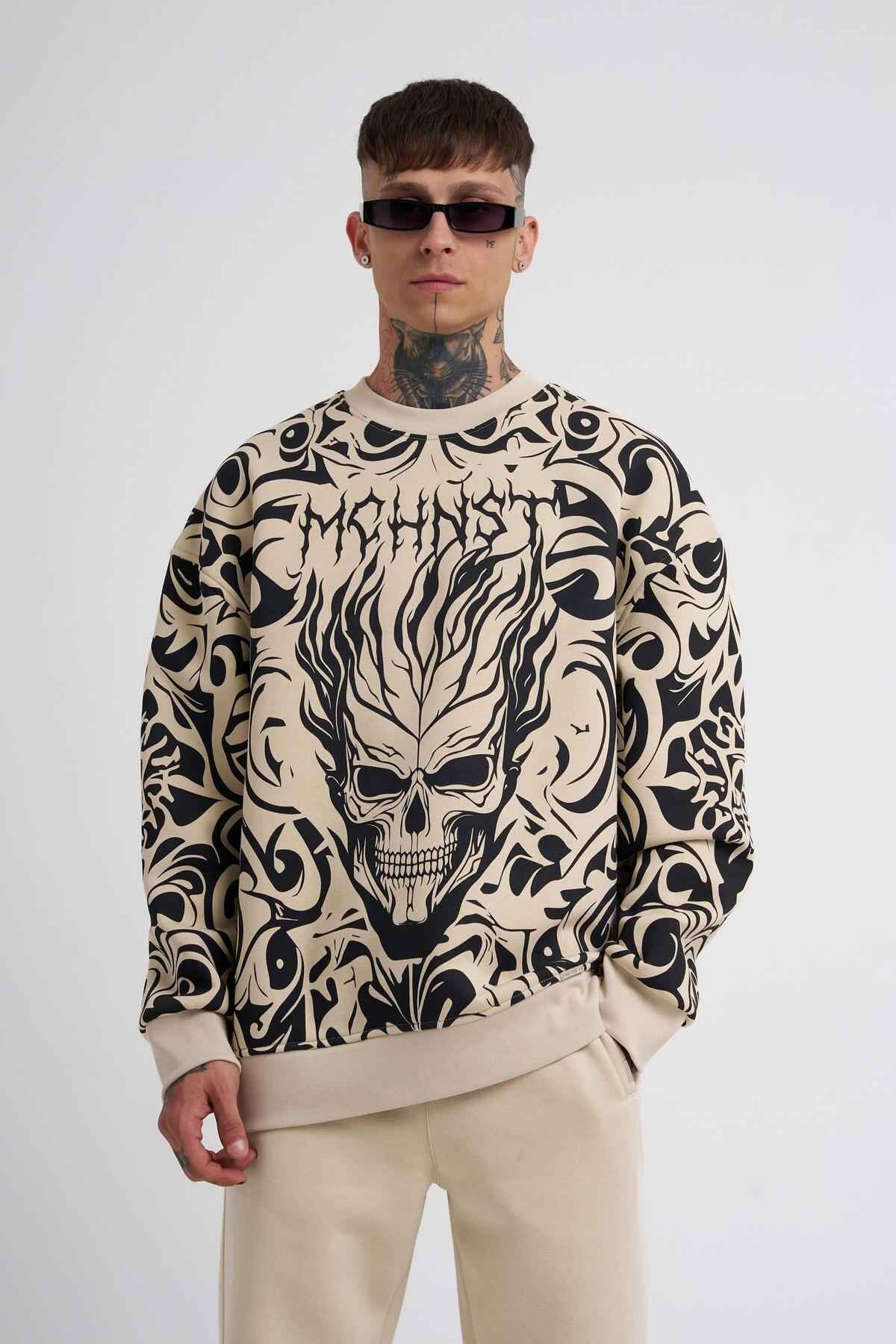 سویشرت مردانه با چاپ جمجمه خاکستری سایز بزرگ