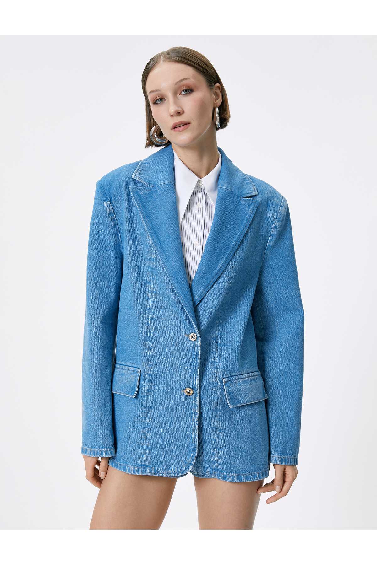 کت جین ژاکت کت و شلوار جین یقه معکوس جیب دو سینه با جزئیات مناسب مناسب