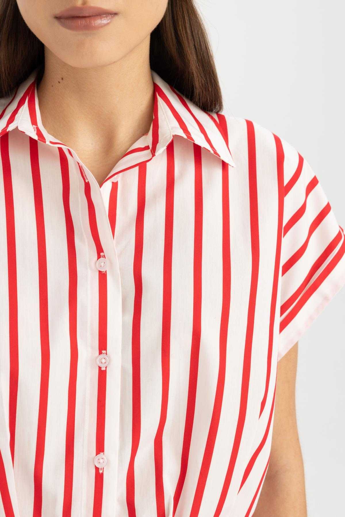 پیراهن پوپلین آستین کوتاه راه راه برش