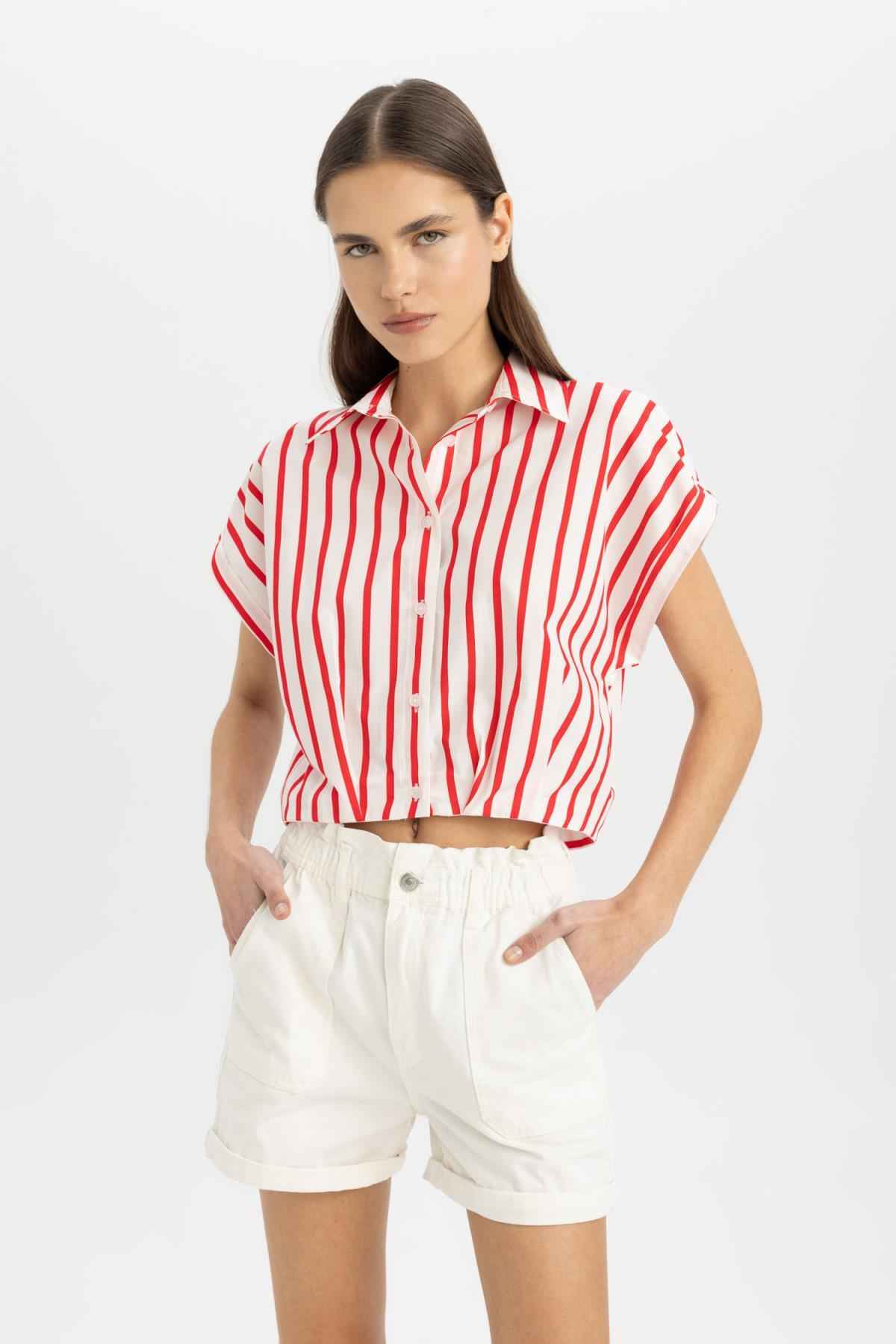 پیراهن پوپلین آستین کوتاه راه راه برش