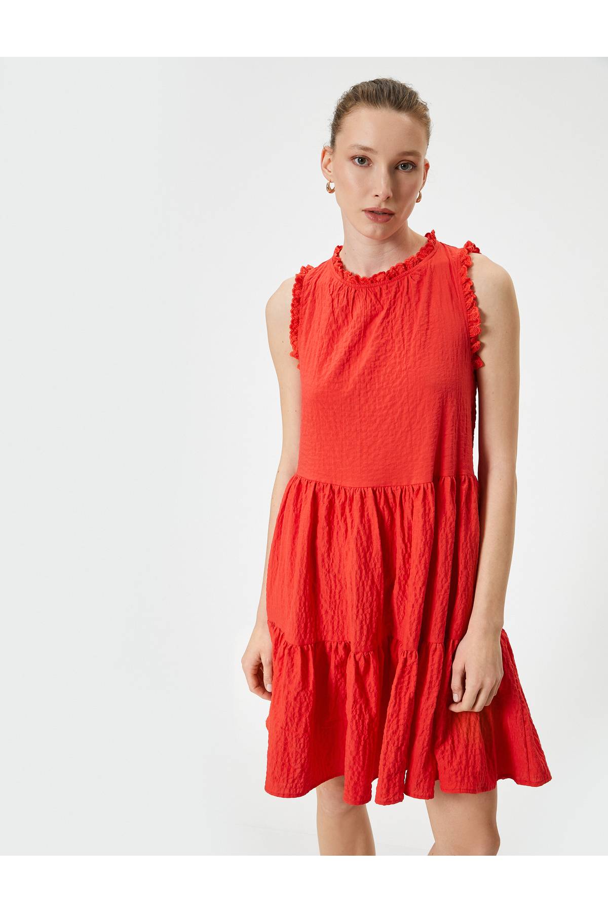 لباس مینی فلونس بافت دار بدون آستین یقه خدمه