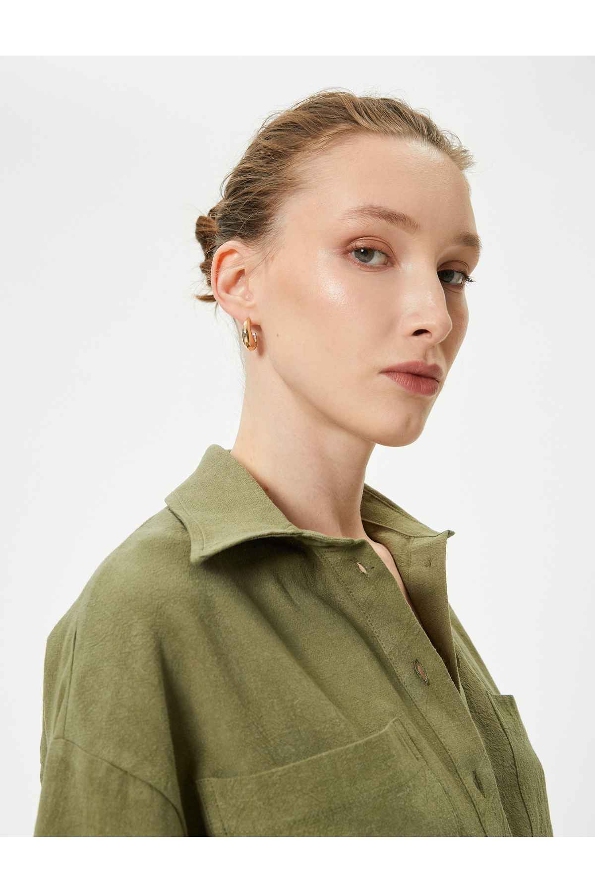 پیراهن Crop Oversize کتانی ویسکوز ترکیبی آستین کوتاه دکمه دار با جیب