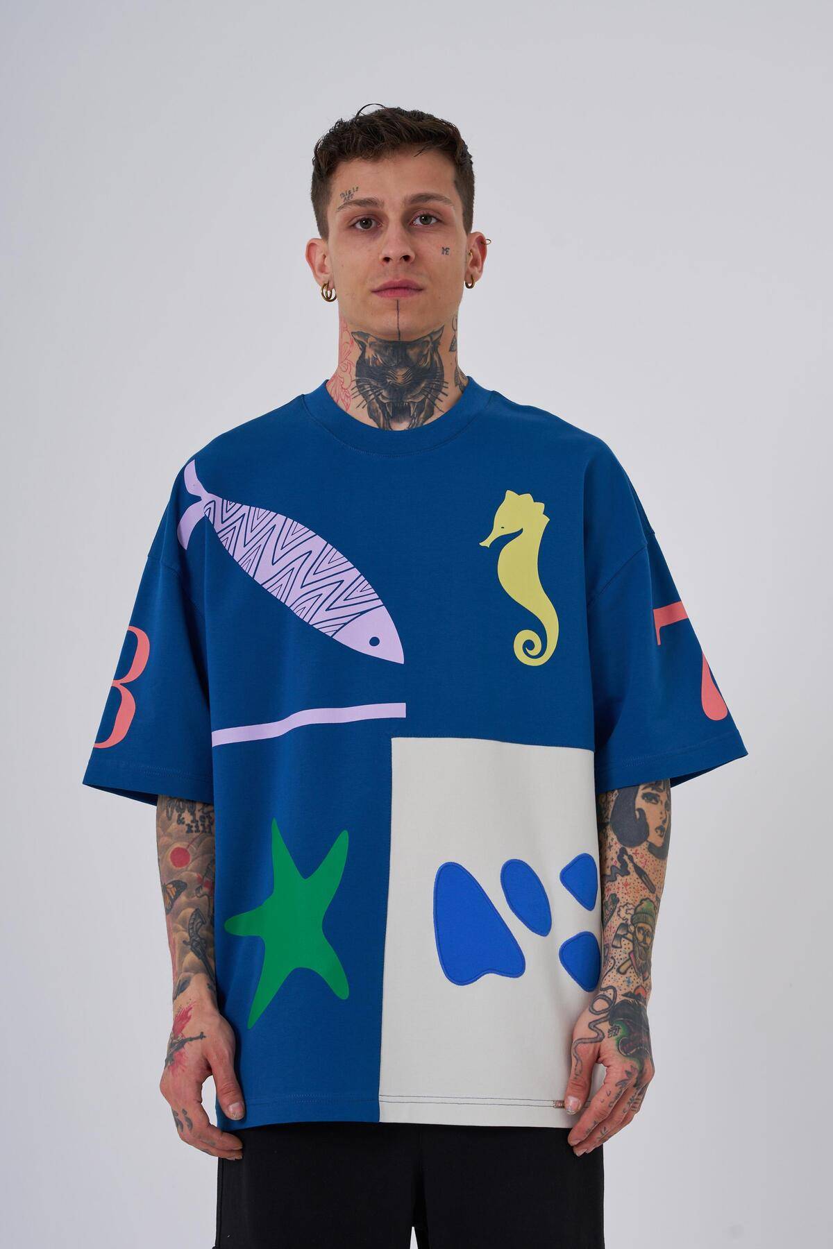 تیشرت مردانه 87 صدف دریایی چاپ شده در سایز بزرگ اکرو سافت آبی تیشرت