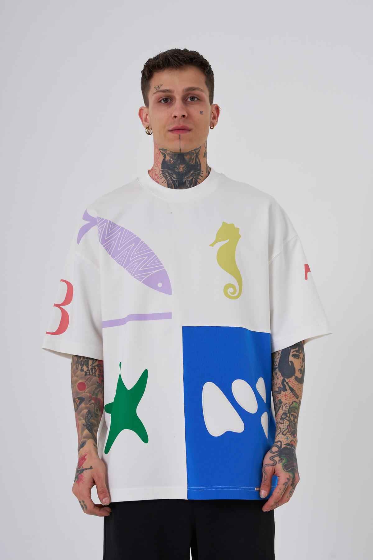 تیشرت مردانه 87 صدف دریایی چاپ شده در سایز بزرگ اکرو سافت آبی تیشرت