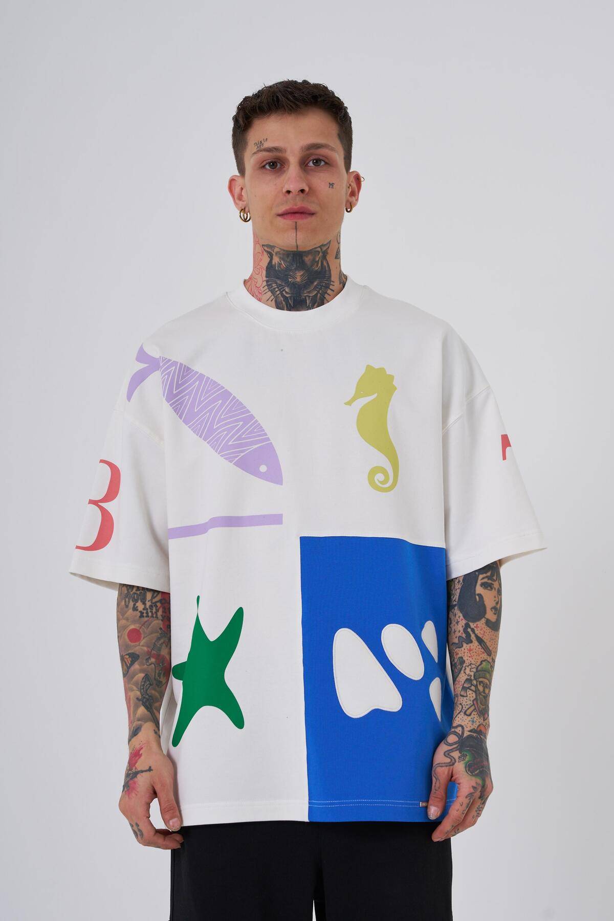 تیشرت مردانه 87 صدف دریایی چاپ شده در سایز بزرگ اکرو سافت آبی تیشرت