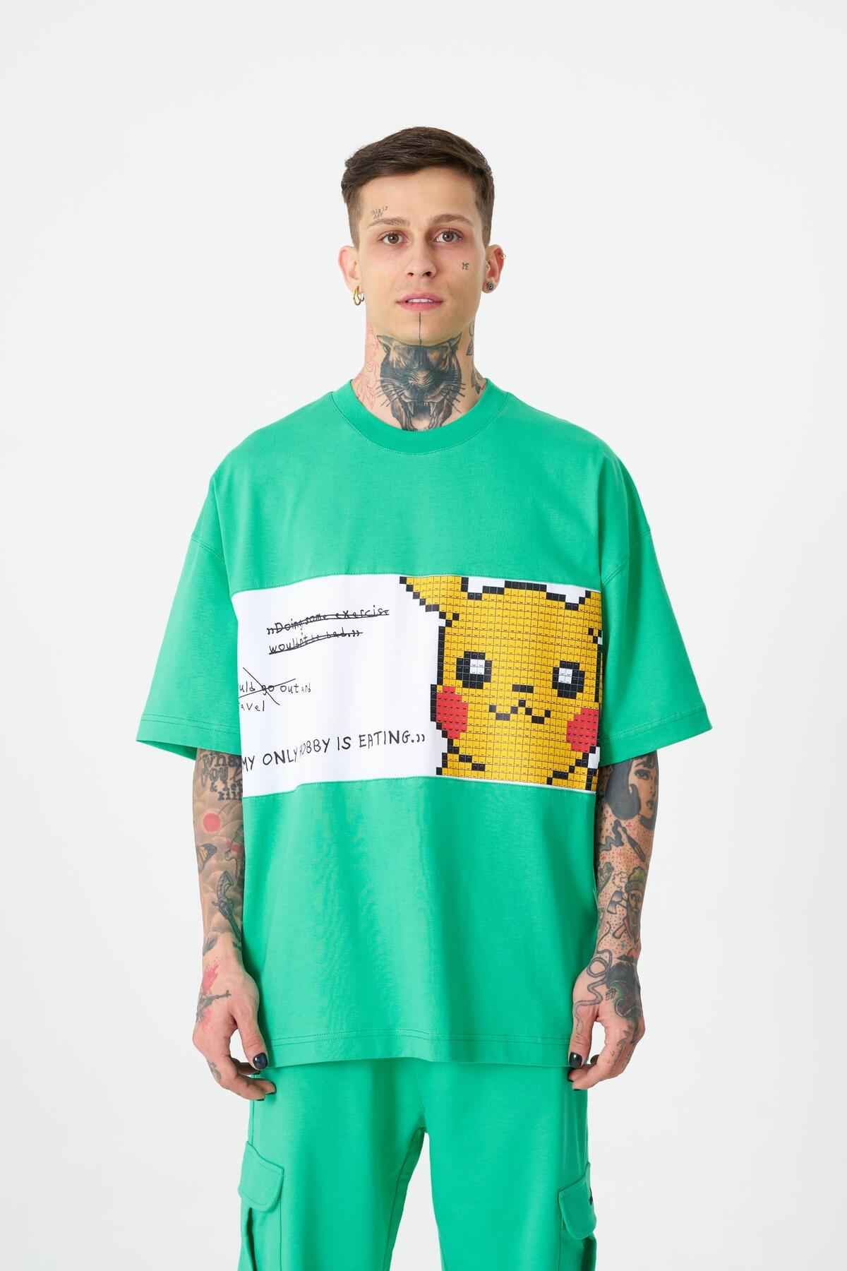 تیشرت مردانه با چاپ پیکاچو سبز روشن