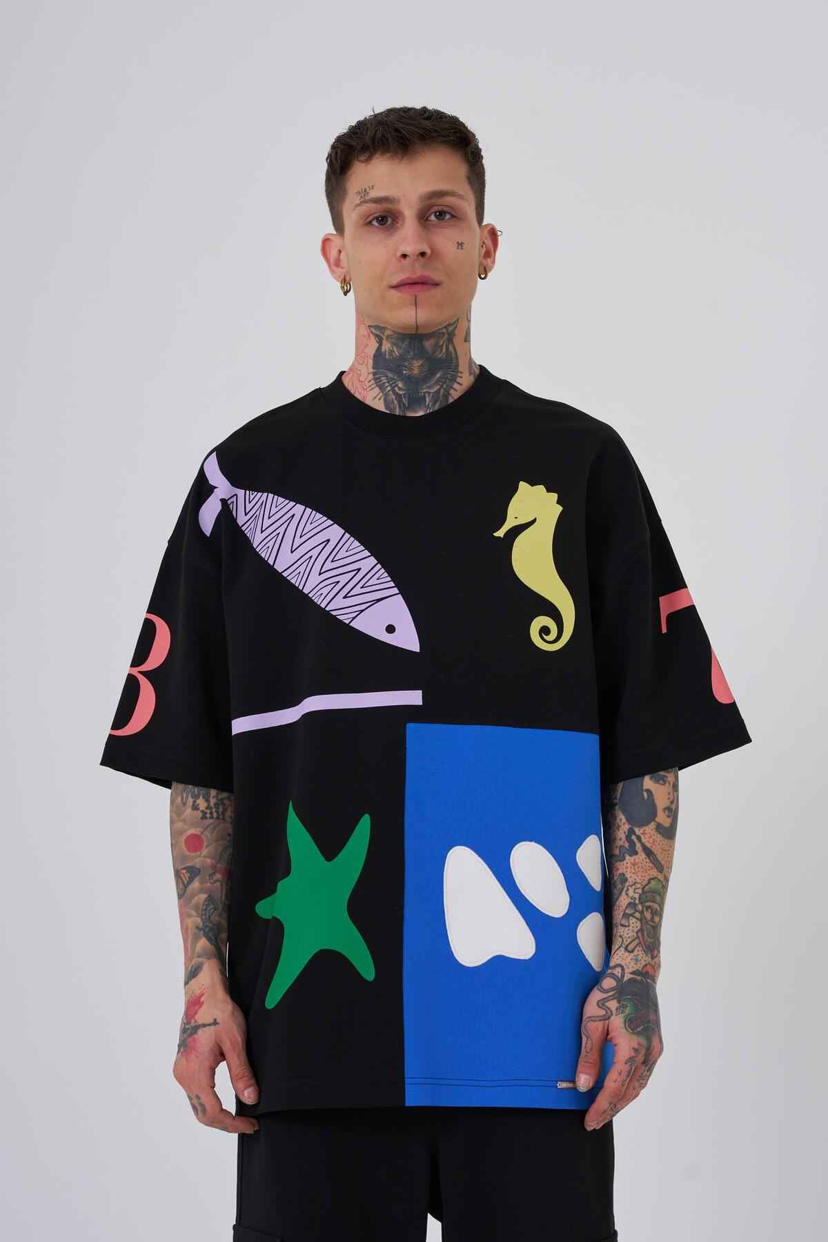 تیشرت مردانه 87 صدف دریایی چاپ شده در سایز بزرگ اکرو سافت آبی تیشرت