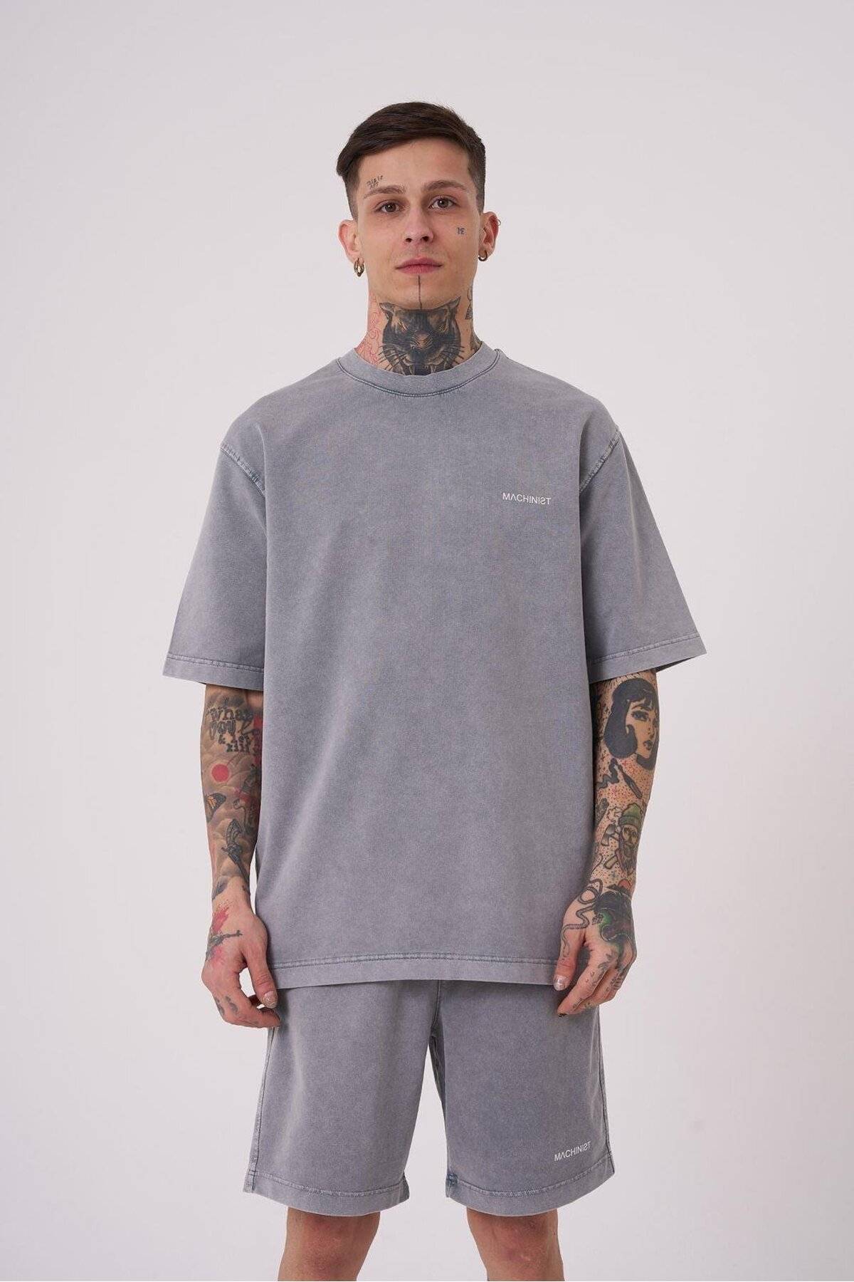 تیشرت مردانه لاکچری شسته شده پایه ریلکس خالدار خاکستری