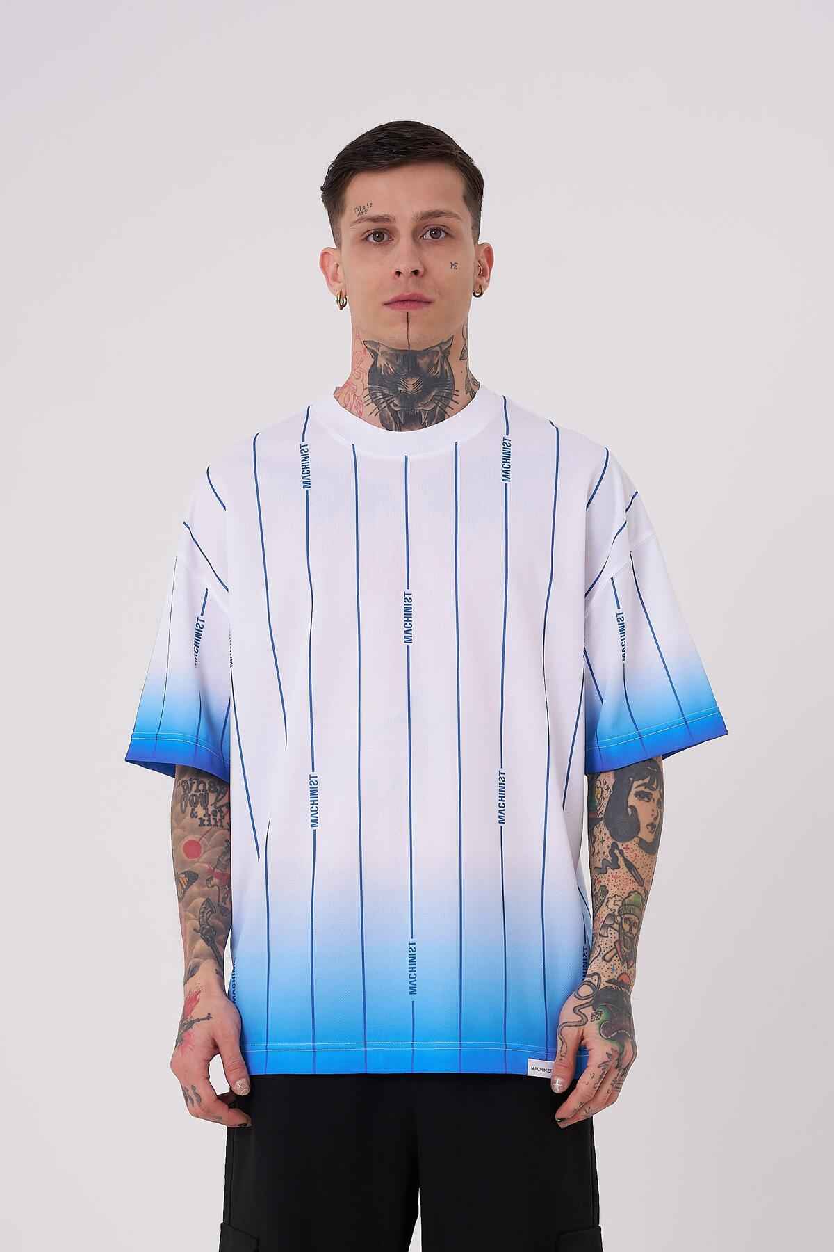 تیشرت مردانه راه راه ماشینی با چاپ سایز سفید روشن و سبز روشن